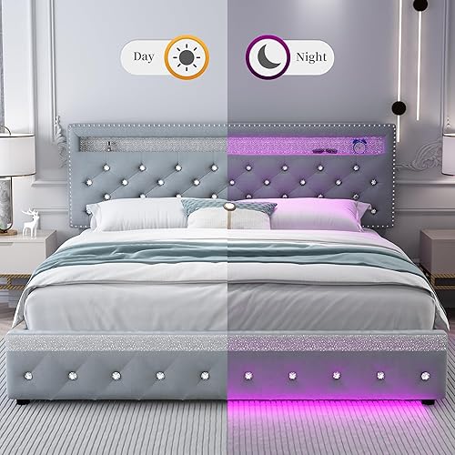 Miniatura 7 de Marco de Cama Queen con LED con 2 cajones, Marco de Cama con Plataforma Tapizada de Servicio Pesado tamaño Queen con almacenamiento y cabecera Negro