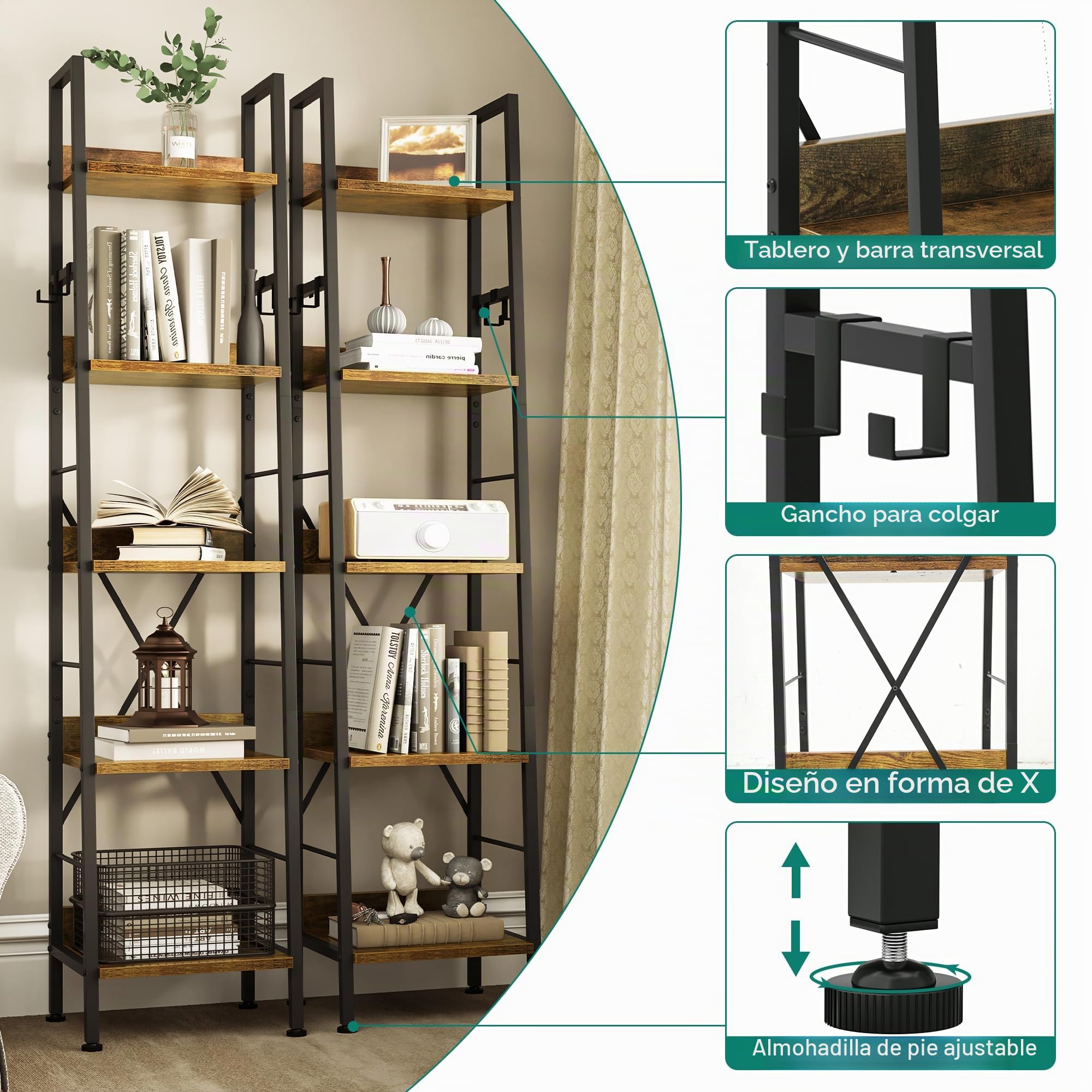 YITAHOME Librería de 5 Niveles, Estante de Escalera Industrial Estantería Independiente para Libros Estantes de Madera y Marco de Metal Estantería Moderna para Sala Pasillo Oficina, Marrón Rústico