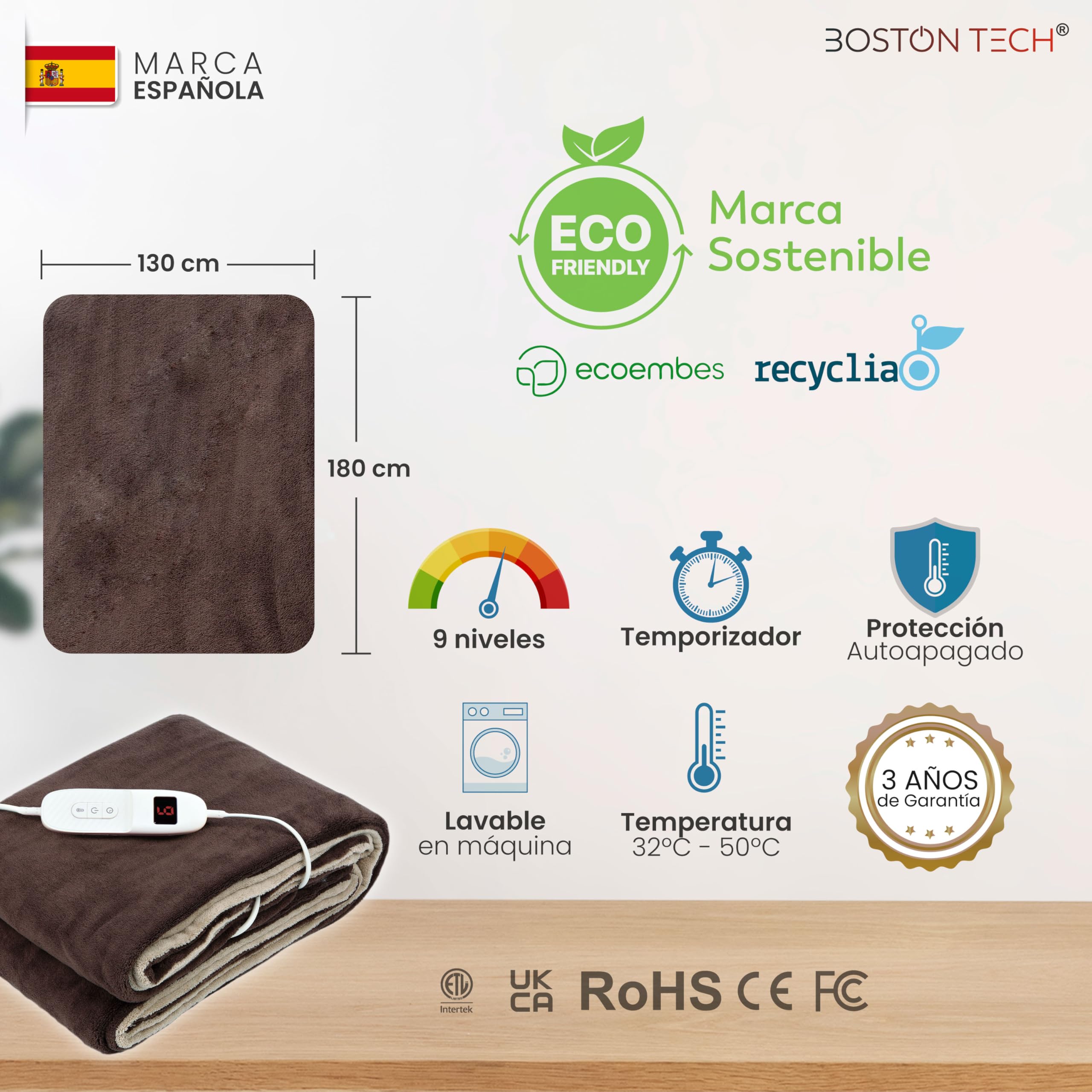 Manta Eléctrica Doble Comfortmax | 180 x 130 cm + 9 niveles de temperatura + Control digital removible | Calentamiento rápido + Apagado automático+ Protección sobrecalentamiento | Lavable a máquina