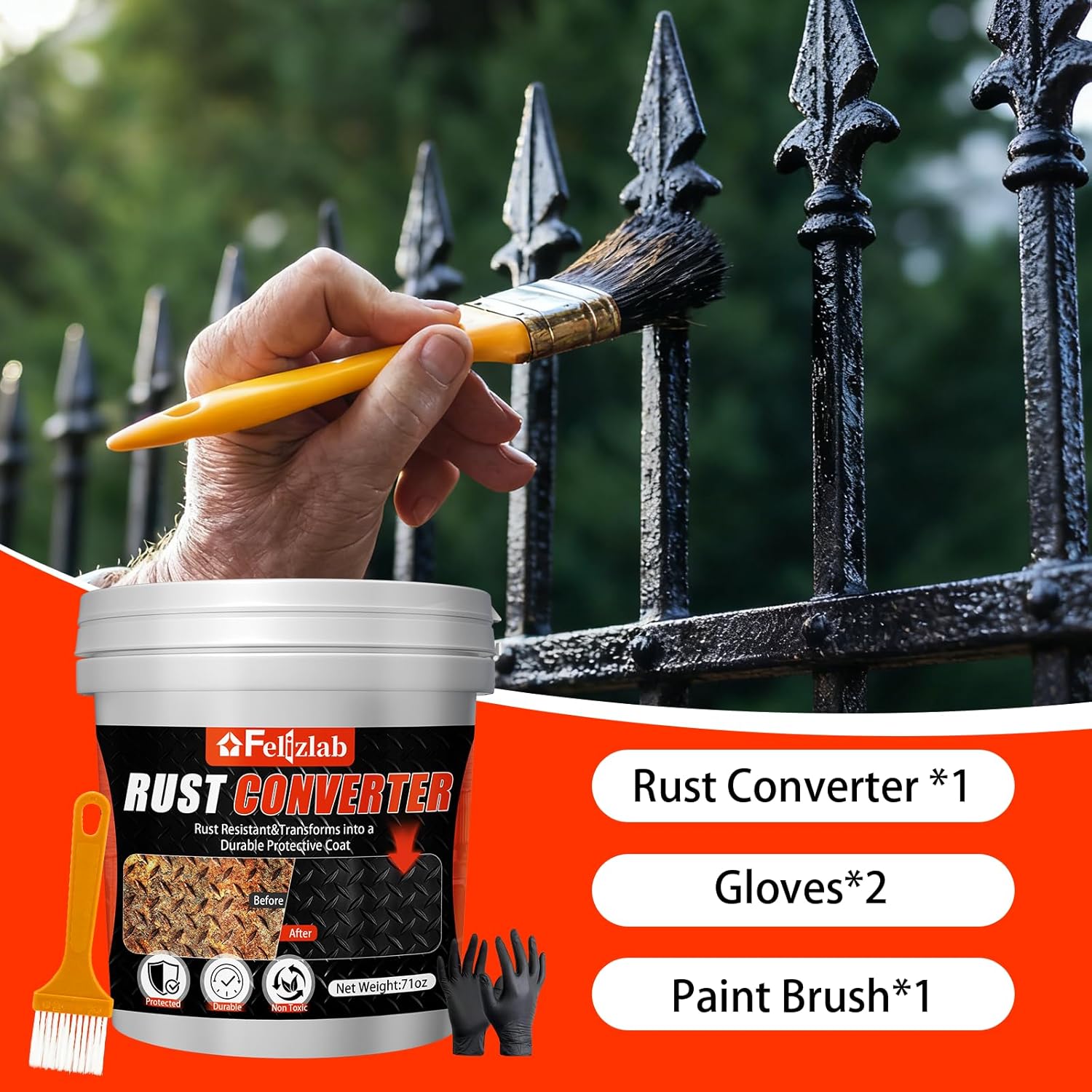 2-in-1 Rust Converter & Metal Primer, 71oz Black Rust Paint Inhibitor for Metal, Heat Resistance Car Rust Reformer, Long-Lasting Rust Encapsulator, Anti Rust Conversion Coating