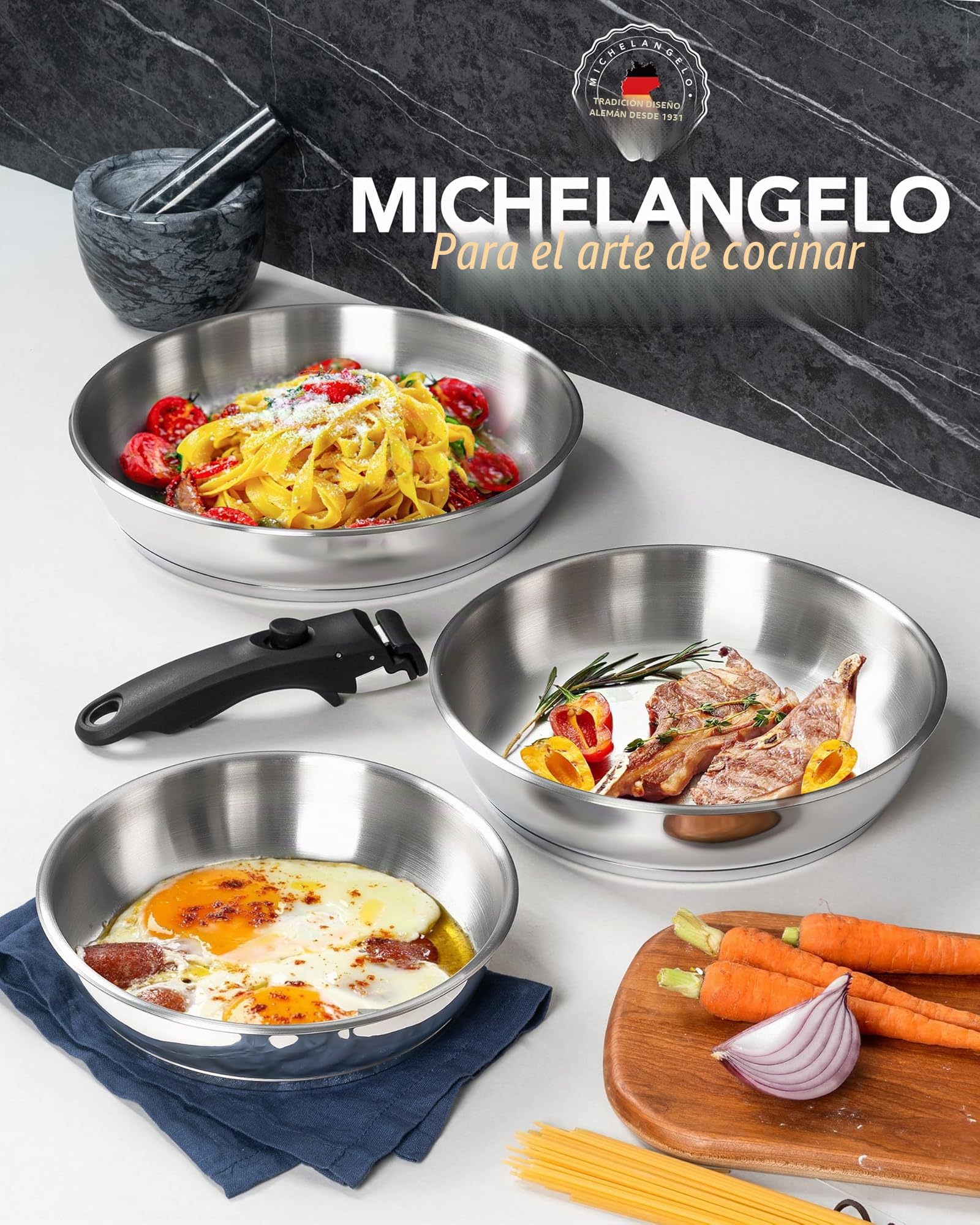 MICHELANGELO Juego de 3 sartenes de acero inoxidable con mango desmontable, ahorra espacio, apilables, sin revestimiento, aptas para inducción, 20/24/28 cm