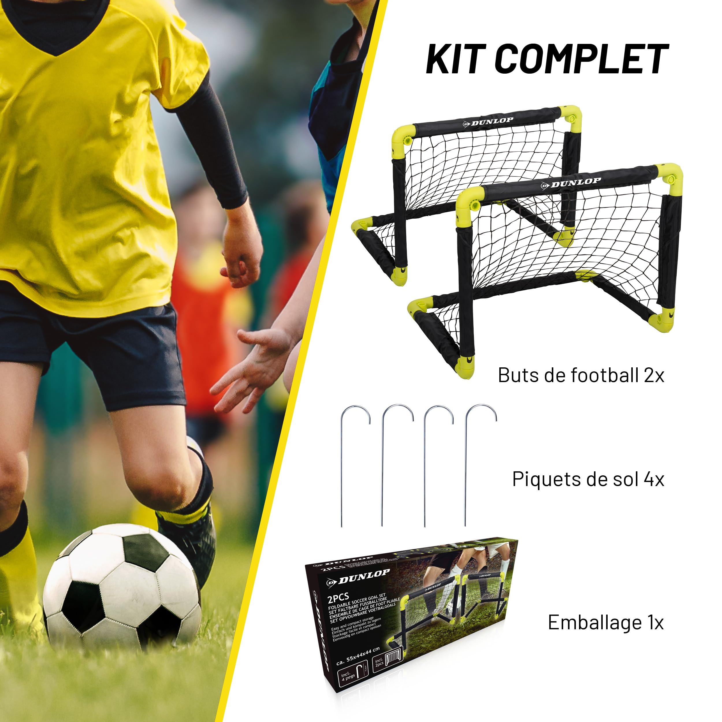 Dunlop Mini Buts de Football Pliables 50x44x44 cm Lot de 2 Kit d'entraînement Noir/Jaune