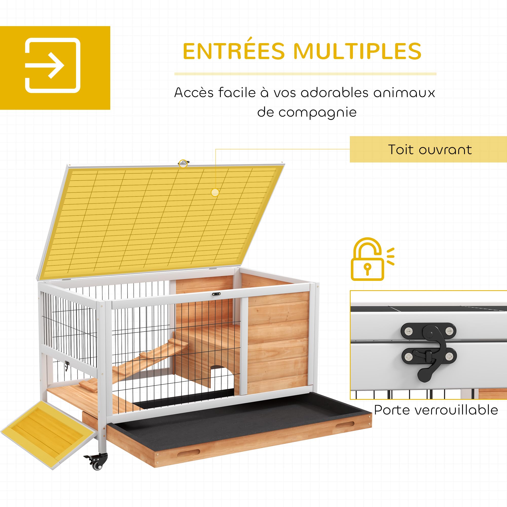 PawHut Clapier Lapin intérieur, Cage Lapin avec Toit ouvrant, roulettes, Plateau Amovible et Rampe, Cage en Bois, 90 x 53 x 59 cm, Jaune et Blanc