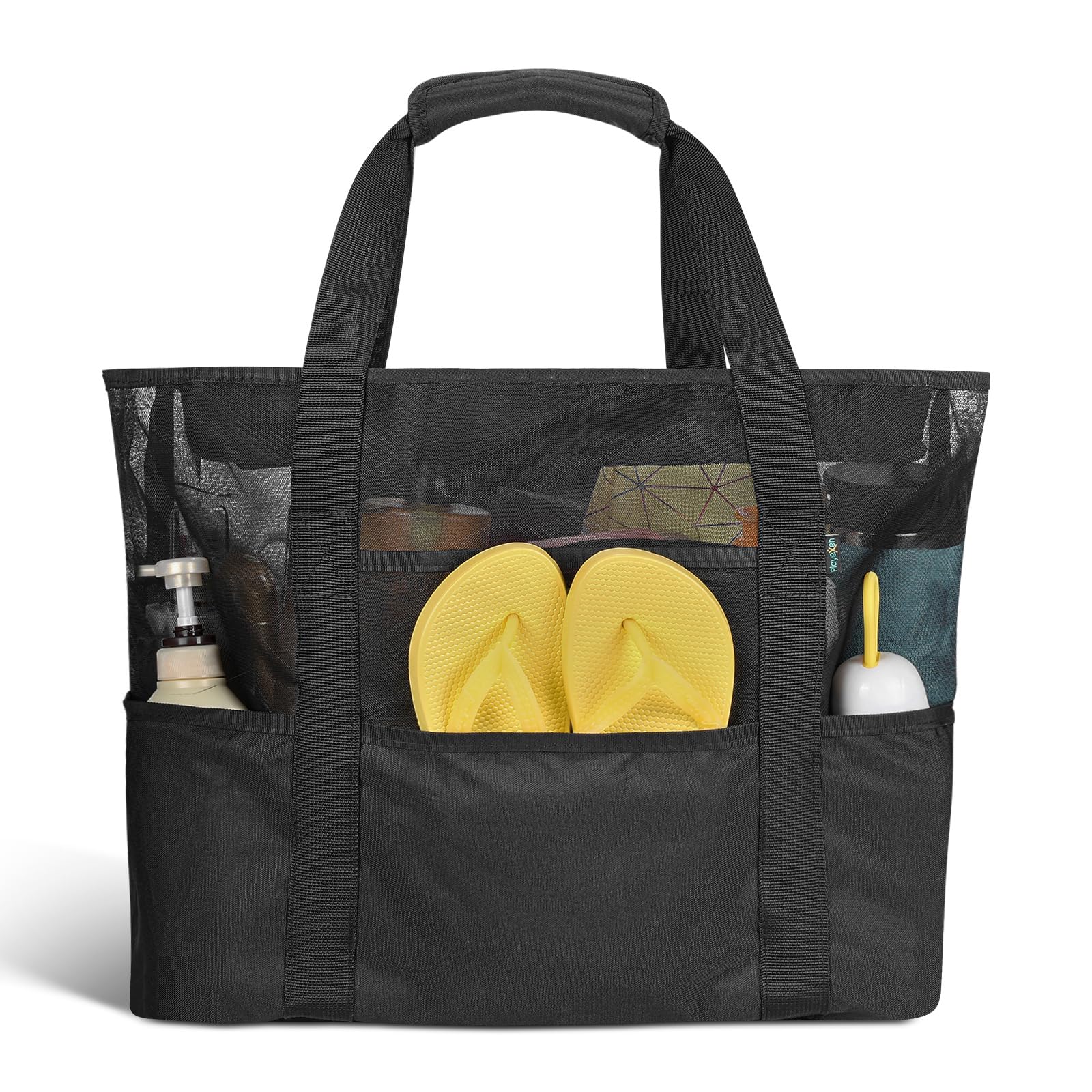 Playexen 24 inch Large Mesh Beach Bag with Zipper, Oversized Foldable Lightweight Family Beach Tote with 7 Pockets, Vacation Essentials Beach