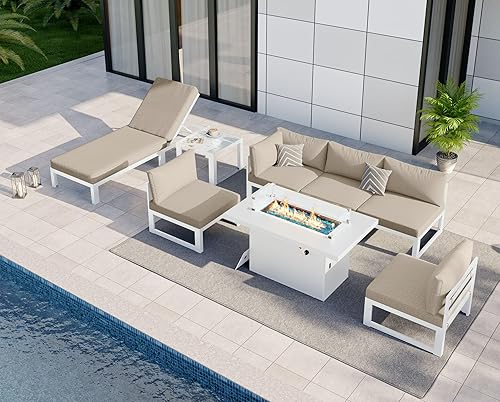 Miniatura 832 de NICESOUL 7 Piece White Powder-Coated Aluminum Patio Furniture with Fire Pit Table, 29 Inch Extra Wide Outdoor Sectional Sofa for 6, High-End Heavy