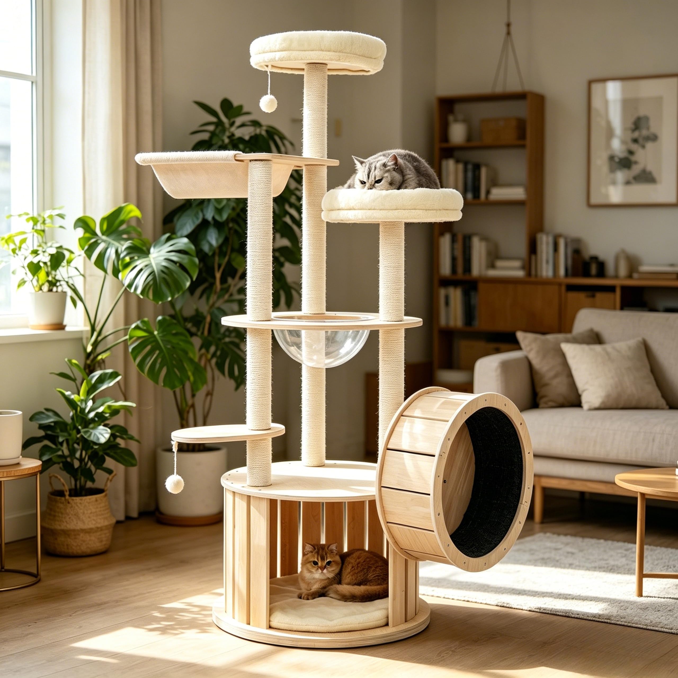 Amazon | [キャットタワー 木製 高さ175.5cm ランニングホイール 宇宙