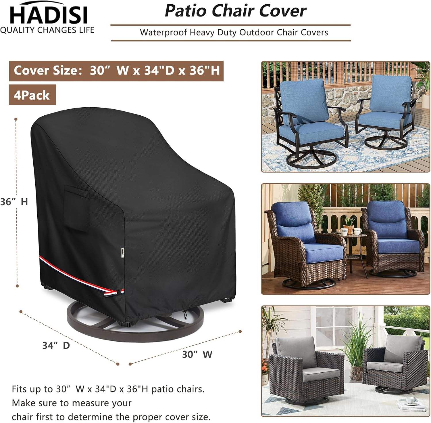 Patio Chair Covers for Outdoor Furniture Waterproof 4 Pack, Heavy Duty Waterproof Outdoor Swivel Chair Cover (30"W x34"D x36"H - Black)