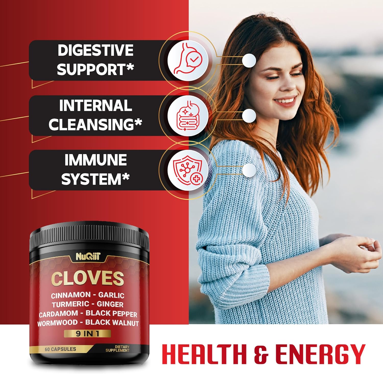 9in1 Clove Supplement Rich in Vitamins & Minerals for Digestive, Immune System, Bone & Heart Health with Cinnamon, Turmeric, Ginger, Cardamom, Garlic, Wormwood, Black Walnut - 60 Capsules - 30 Days - Image 4