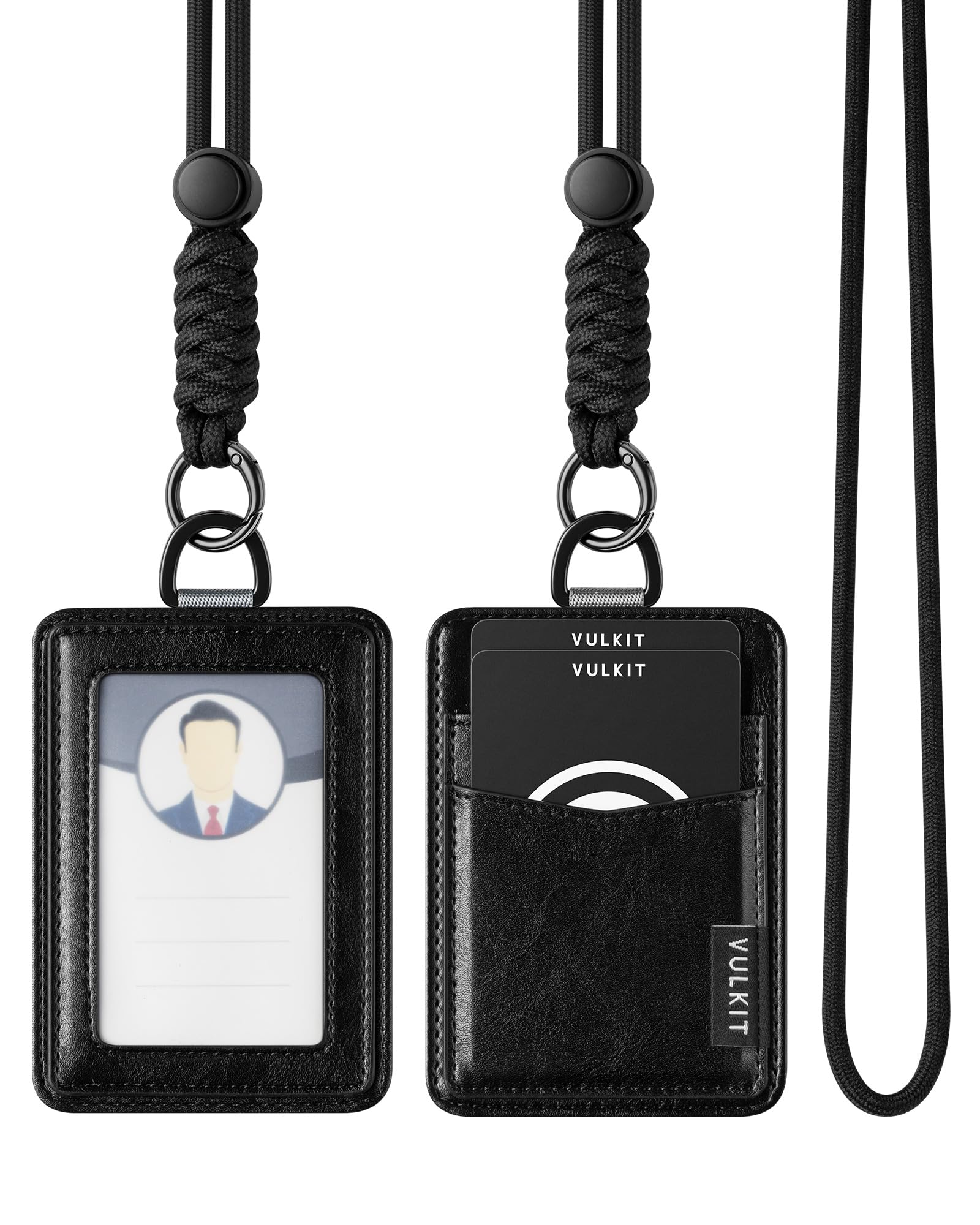 VULKIT Leather Vertical ID Badge Holder with Lanyard, Black