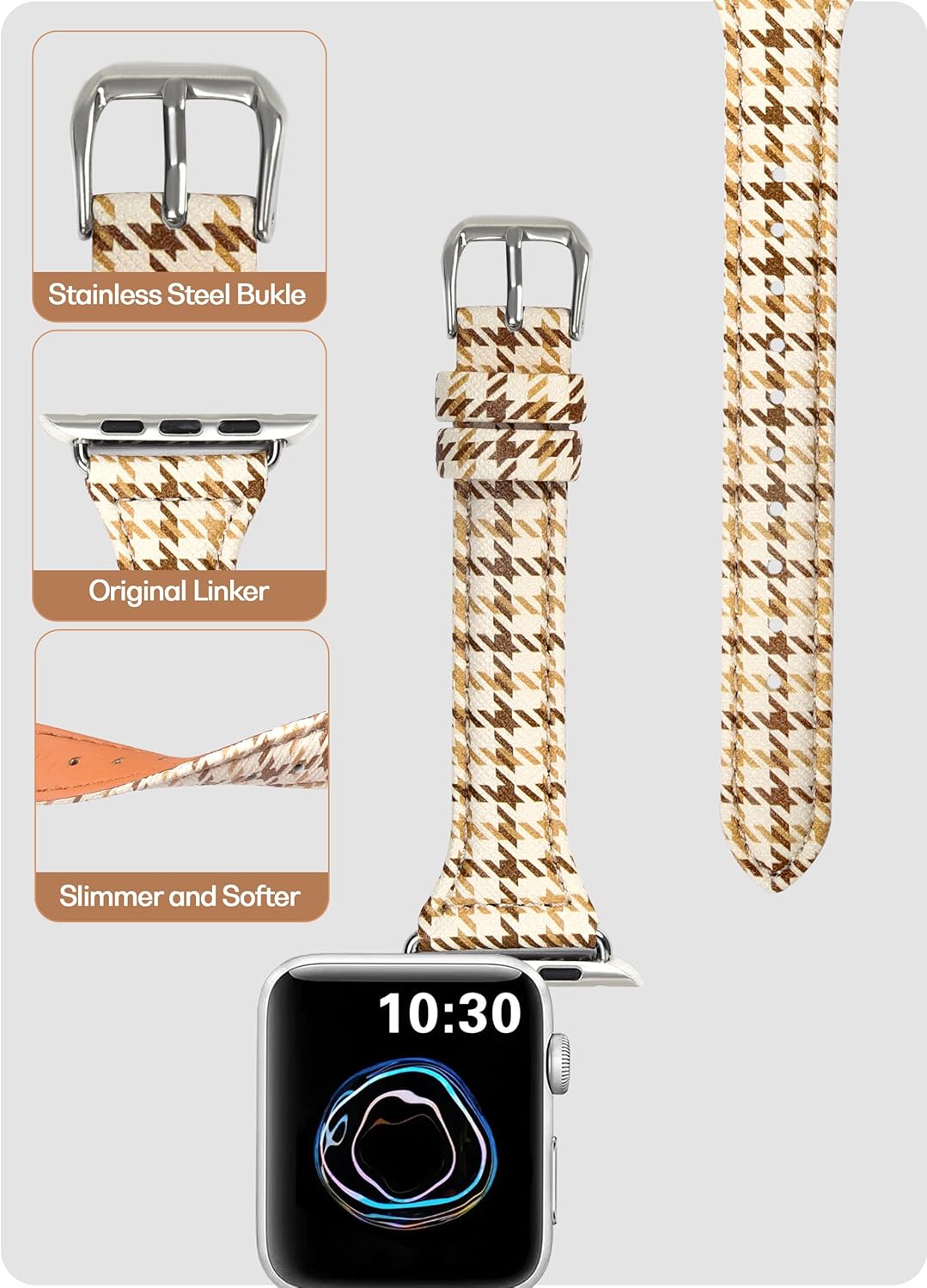 Designer Houndstooth Slim Bands Women Compatible with Apple Watch 45mm 44mm 42mm 41mm 40mm 38mm, Luxury Leather WristBand Plaid for iWatch Series 9/8/7/6/5/4/3/2/1/SE Yellow White - Image 2