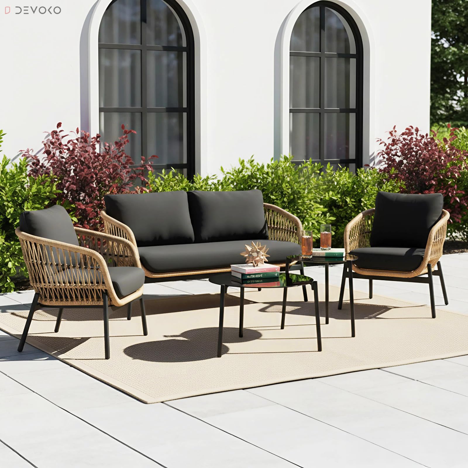 DEVOKO Nova Outdoor 4 Seater Rope Sofa Conversation Set with Comfortable All Weather Water-Resistant Cushions and Glass Top Round Center Table for Garden,Patio,Poolside(Beige & Black)
