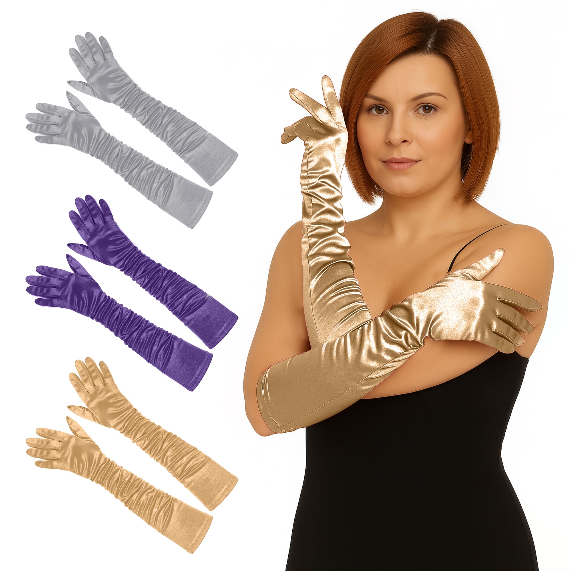 Womens Long Satin Gloves - Elbow Length Bridal Ruched Fancy Dress Wedding Evening Party Opera Gloves For Women UK, Golden, Silver, Purple