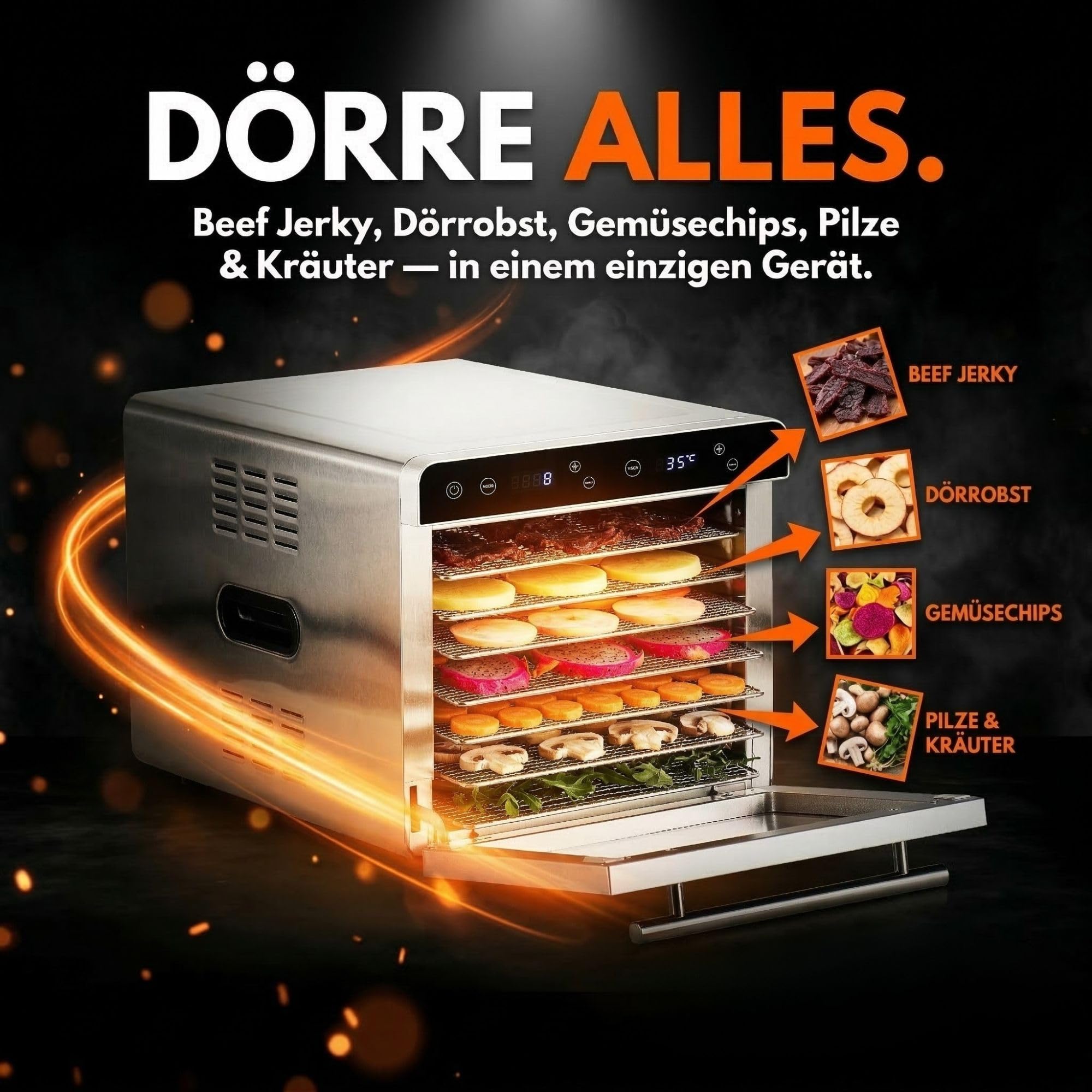 Sommertal Dörrautomat Silence 700 XXL | 8 Edelstahlgitter, 700W, BPA-frei | Food Dehydrator, Timer, LED-Display, Temperatur 35-85°C, Rezeptbuch, Dörrgerät für Obst, Fleisch, Gemüse & Kräuter