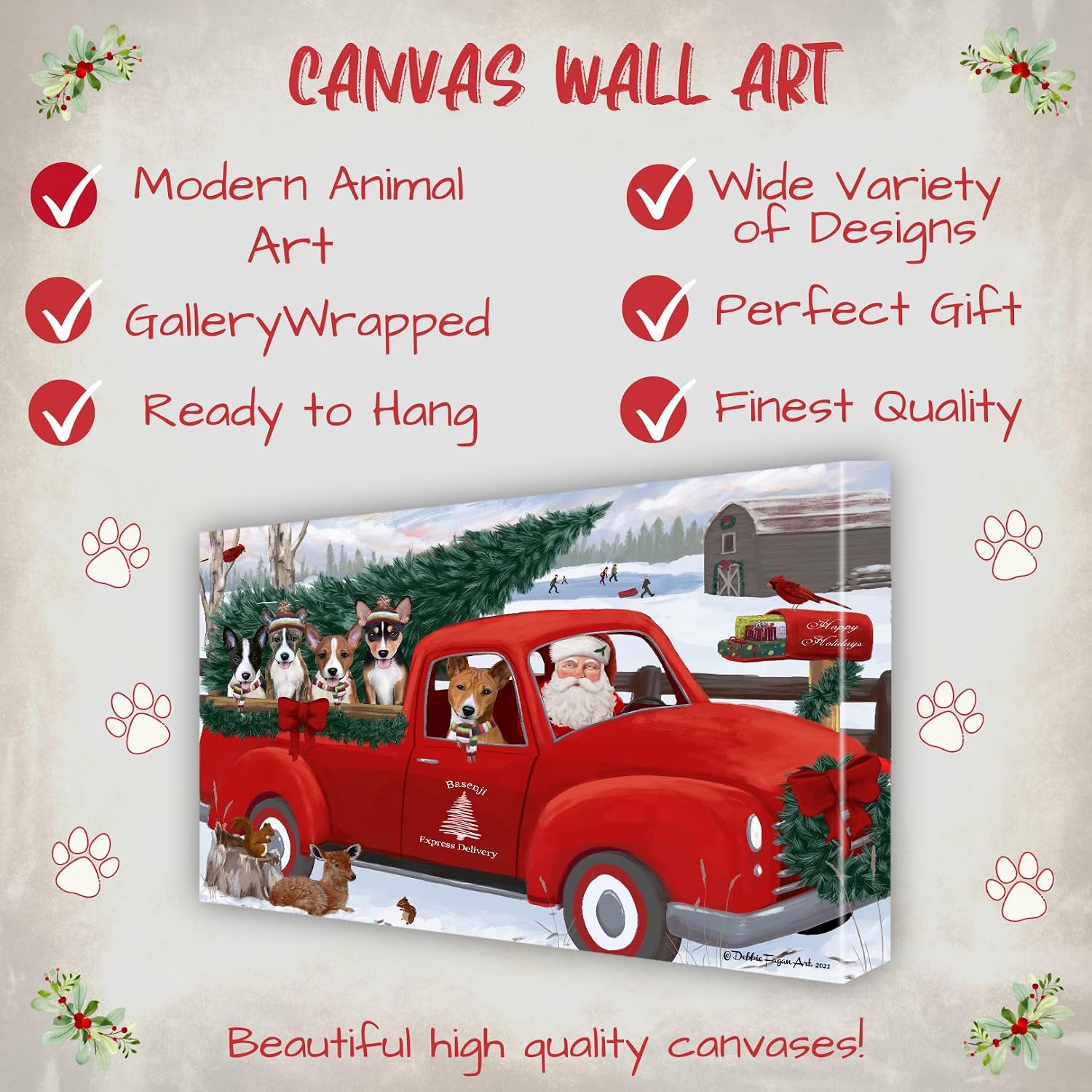 Doggie of the Day Christmas Express Red Truck with Basenji Dog Canvas Wall Art - Premium Quality Ready to Hang Room Decor - Flat Rolled 16" x 20"