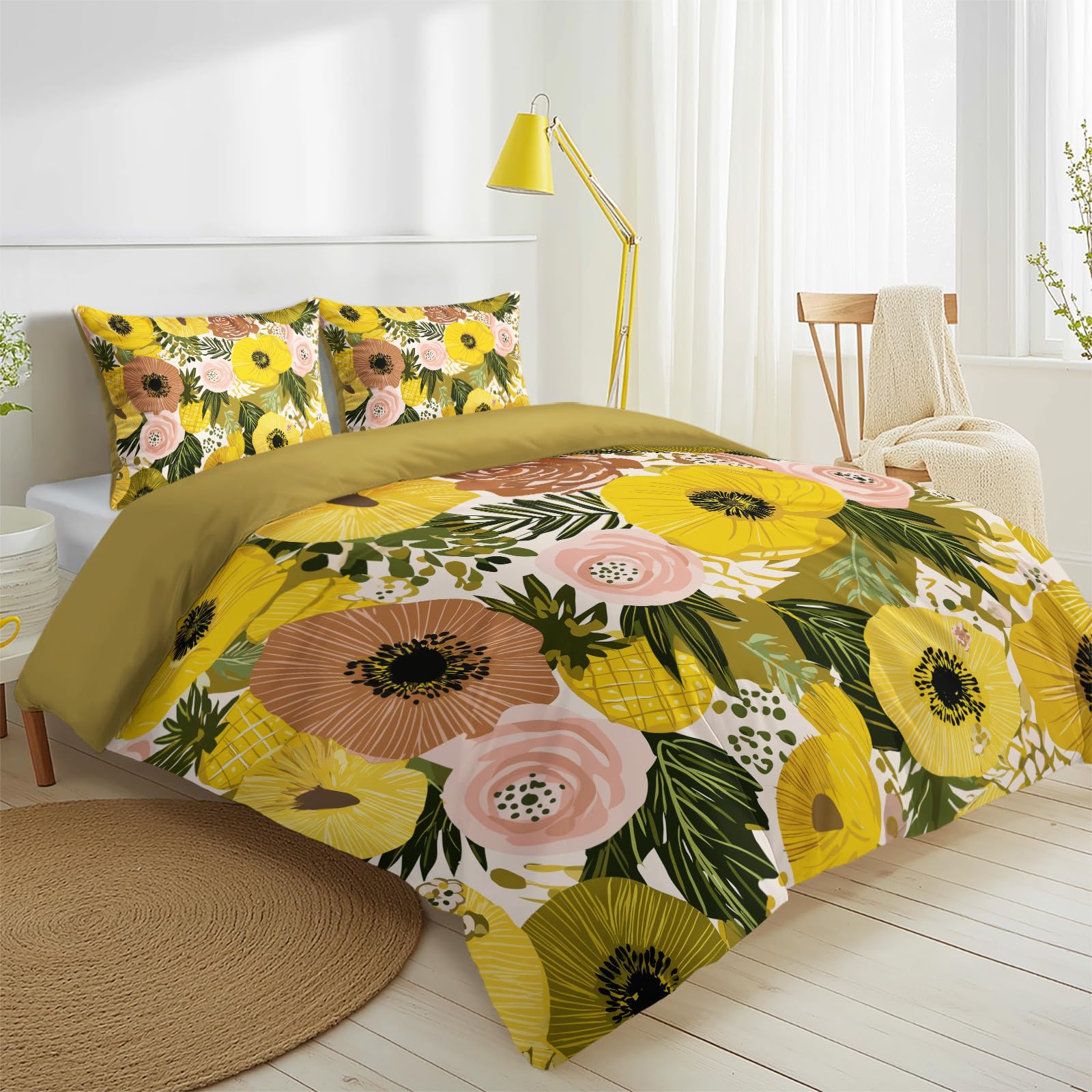 Supermiękka poszewka na kołdrę Super King - stylowy i nowoczesny zestaw pościeli premium, żółta poszewka na kołdrę do pokoju dziecięcego, kwiatowy botaniczny kwiat maku, jasny, żywy, dwustronny wzór
