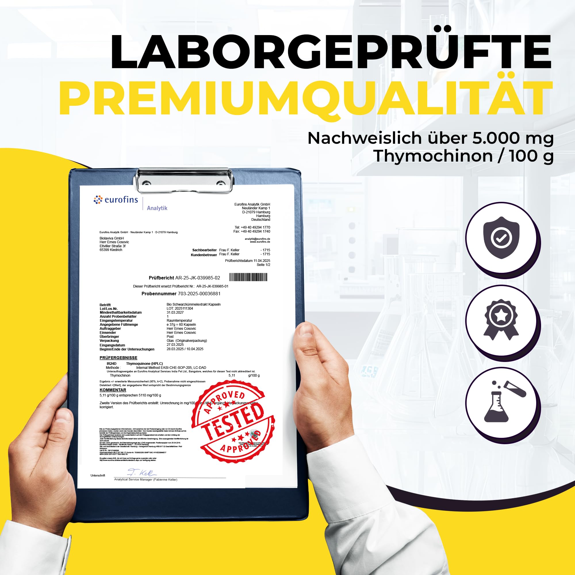 Premium BIO Schwarzkümmelöl Kapseln hochdosiert – 5000 mg Thymochinon – 3 x 60 vegane Kapseln 6-Monats-Vorrat – Nigella sativa, laborgeprüft & in Deutschland hergestellt–lichtgeschütztes Violettglas