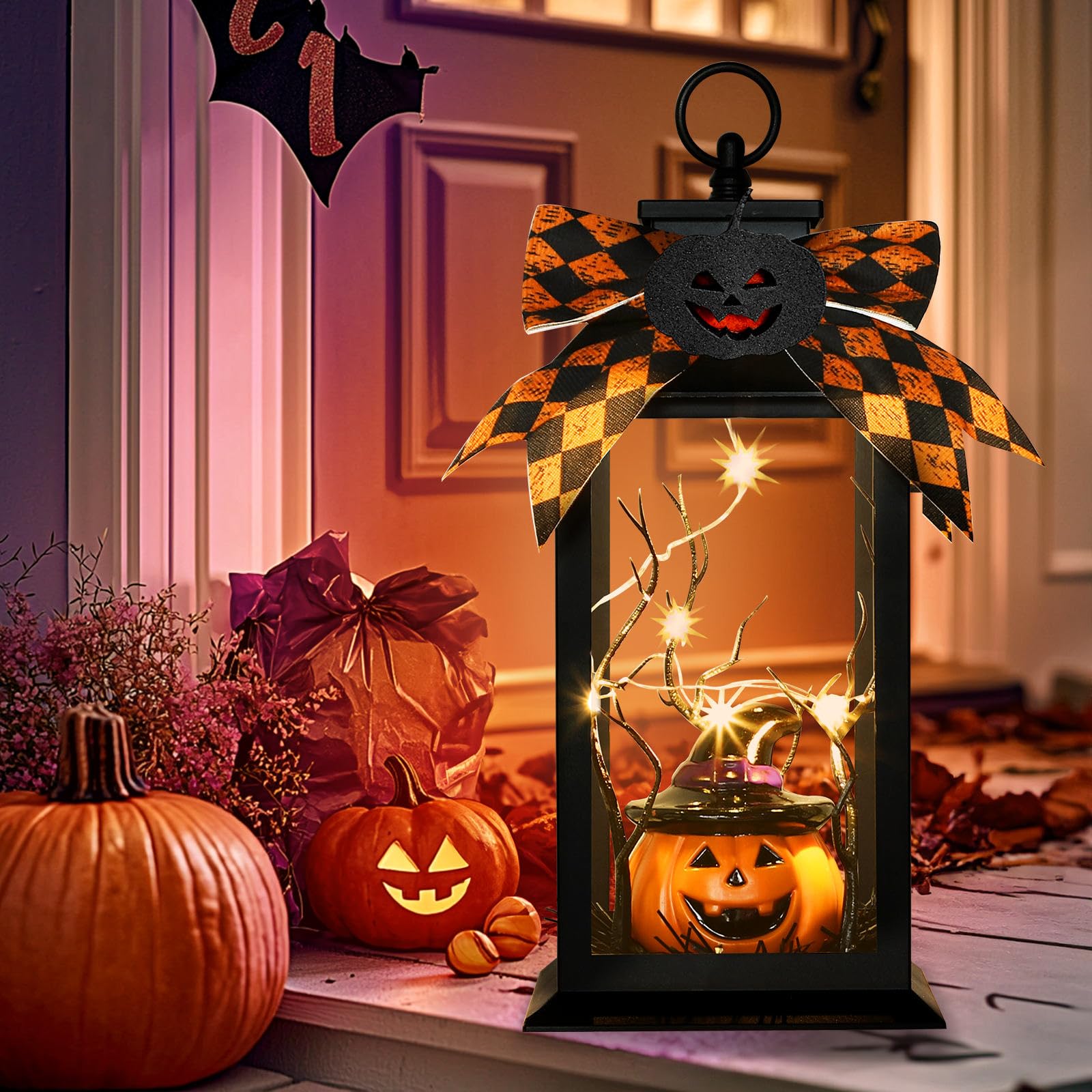 Light-Up Hanging Halloween Jack O' Lanterns with 3D Pumpkin and