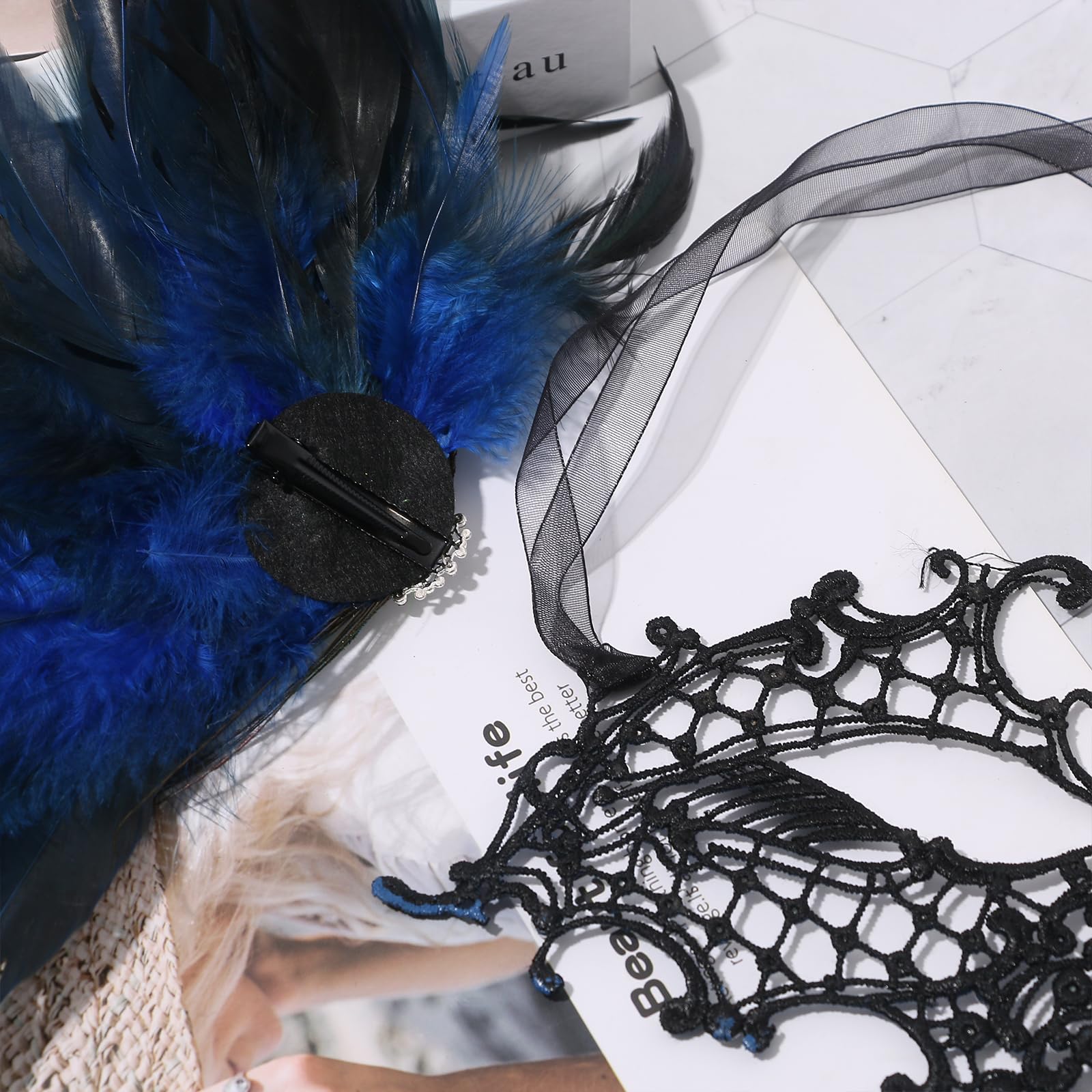 JewelryWe Wenecka monokel maska damska, elegancka maskarada, półmaska z pawimi piórami/strasem, gotycka maska monokelowa, maska jednooczna, kostium na imprezę, karnawał, Halloween, cosplay