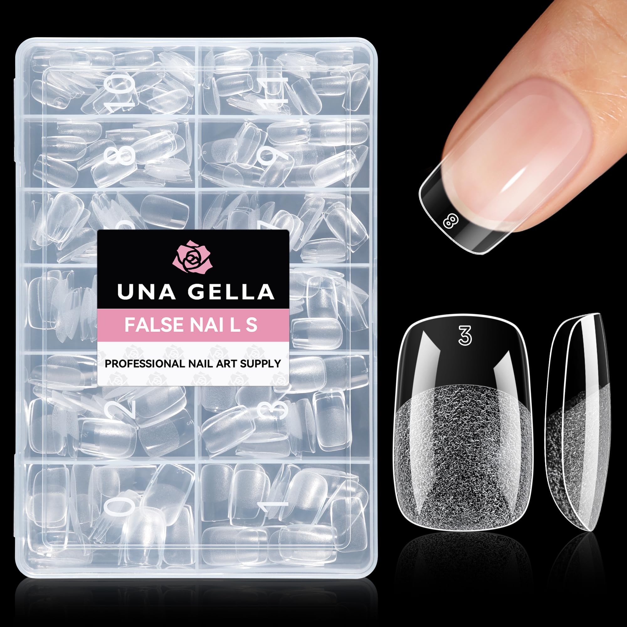 UNA GELLA Kurze Square & Squoval Nageltips für Gelnägel, 216 Stück 12 Größen eckig-abgerundet (Squoval), klare Full-Cover Press-On Tips zur Nagelverlängerung, für Zuhause und Studio