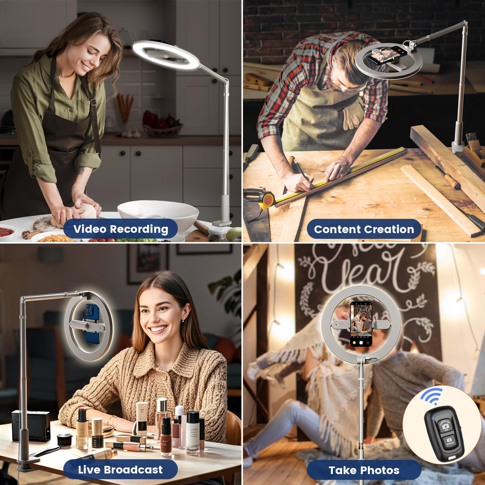 AIXPI Supporto per telefono con luce ad anello, anello luminoso regolabile da 10 pollici con supporto e supporto per telefono, treppiede con telecomando, supporto pieghevole per selfie iPhone/Android