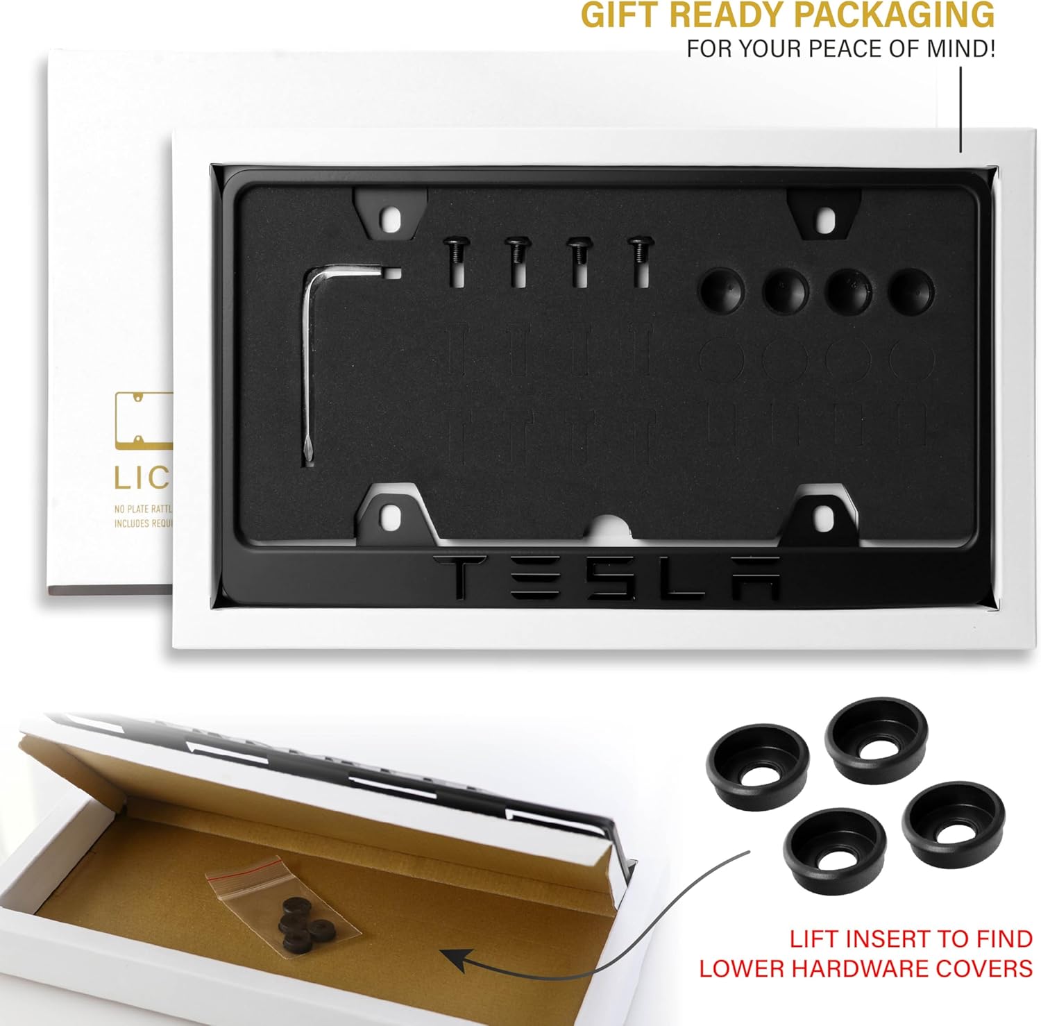 Tesla License Plate Frame – Stealth Black Powder Coat UV Resistant Rust-Proof Steel - One Piece - Compatible with 2012-2025 Tesla Model S, 3, X, Y, CyberTruck (3D RAISED LETTERS w/ MOUNTING HARDWARE)