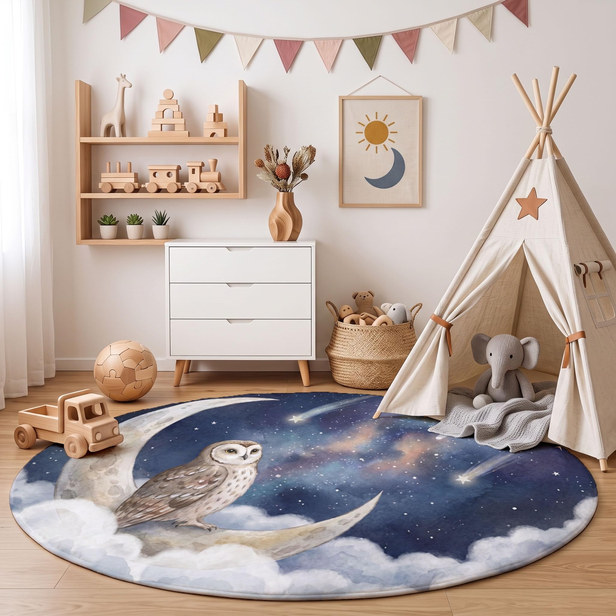 Tapis Rond Lavable La Lune Le Hibou pour Salon 100 cm