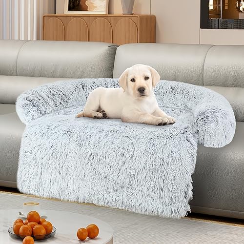 Miniatura 10 de Lujoso protector de sofá cama para perros de espuma viscoelástica, funda extraíble de felpa esponjosa para perros lavable, sofá cama calmante para