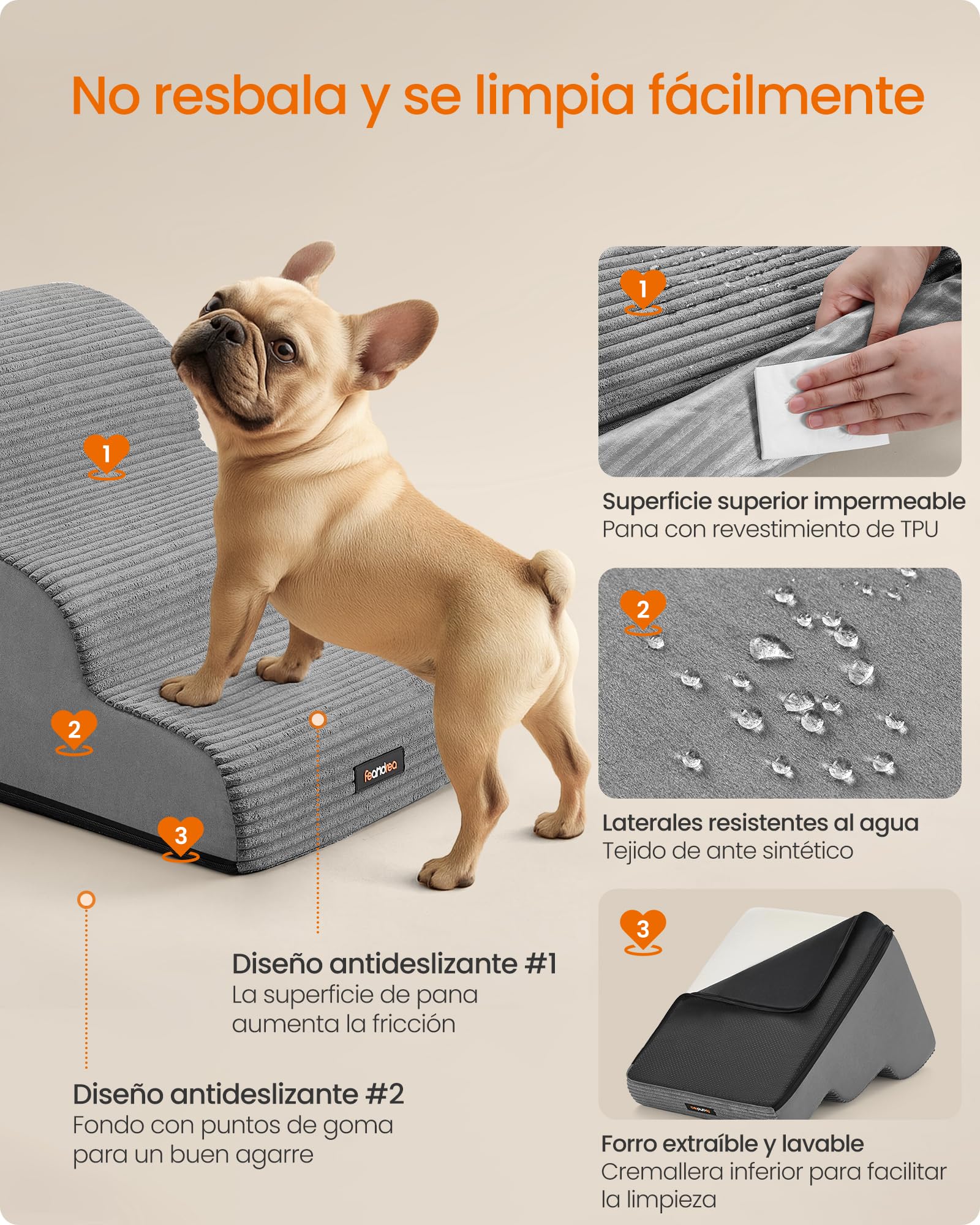 Feandrea Escalera para Perros de 3 Peldaños, para Cama, Sofá, Impermeable con Diseño Antideslizante, Pendiente Suave, Cubierta Lavable Extraíble, Asa, Gris Paloma PPS003G01