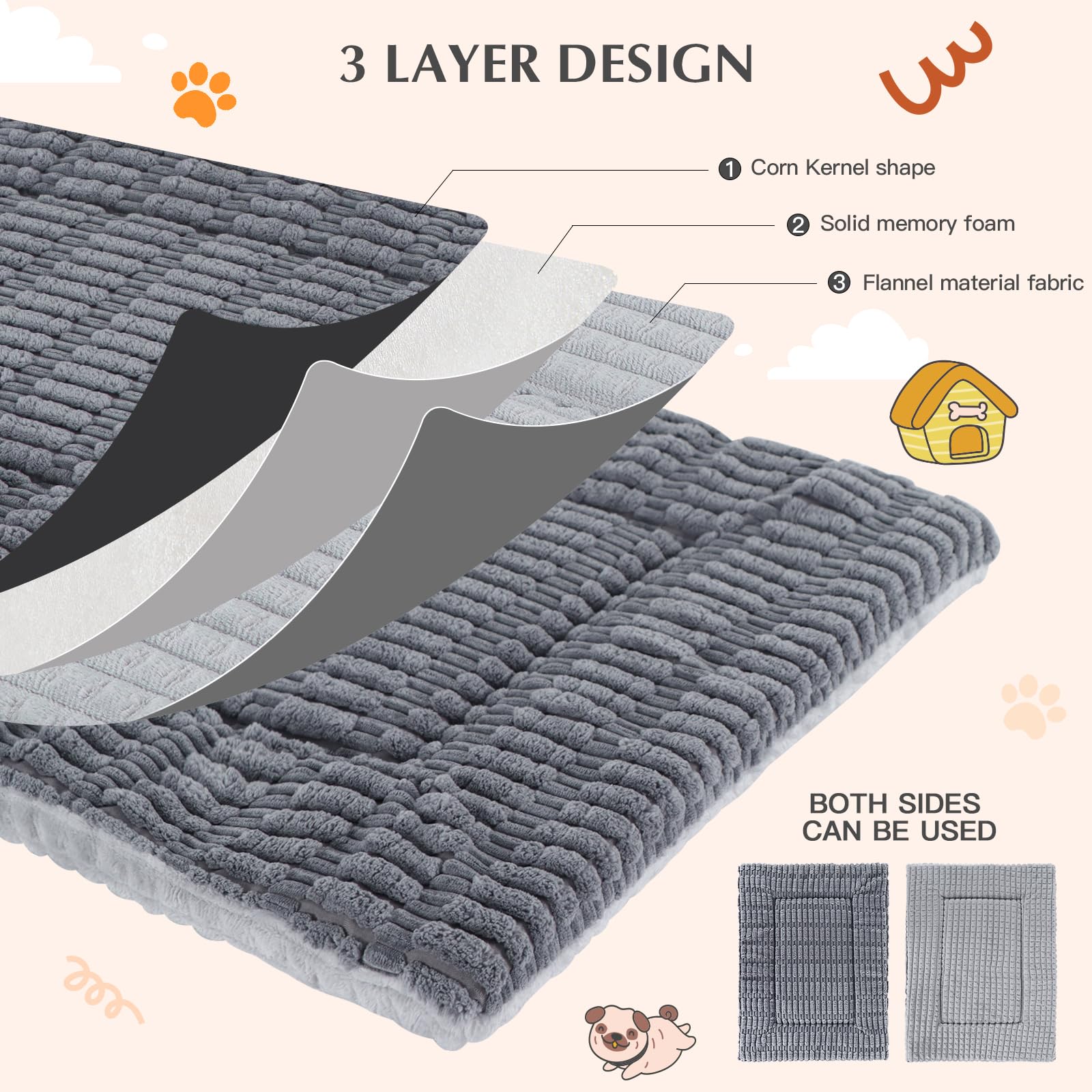 IEUUMLER Memory Foam Materasso per Cani, Cuscino per Cane Gatto, Pelosa Morbida Lavabile Doppio Uso Materasso per Grande Medio Piccolo Cani Gatti FC020 (Grigio, S-60x45cm)