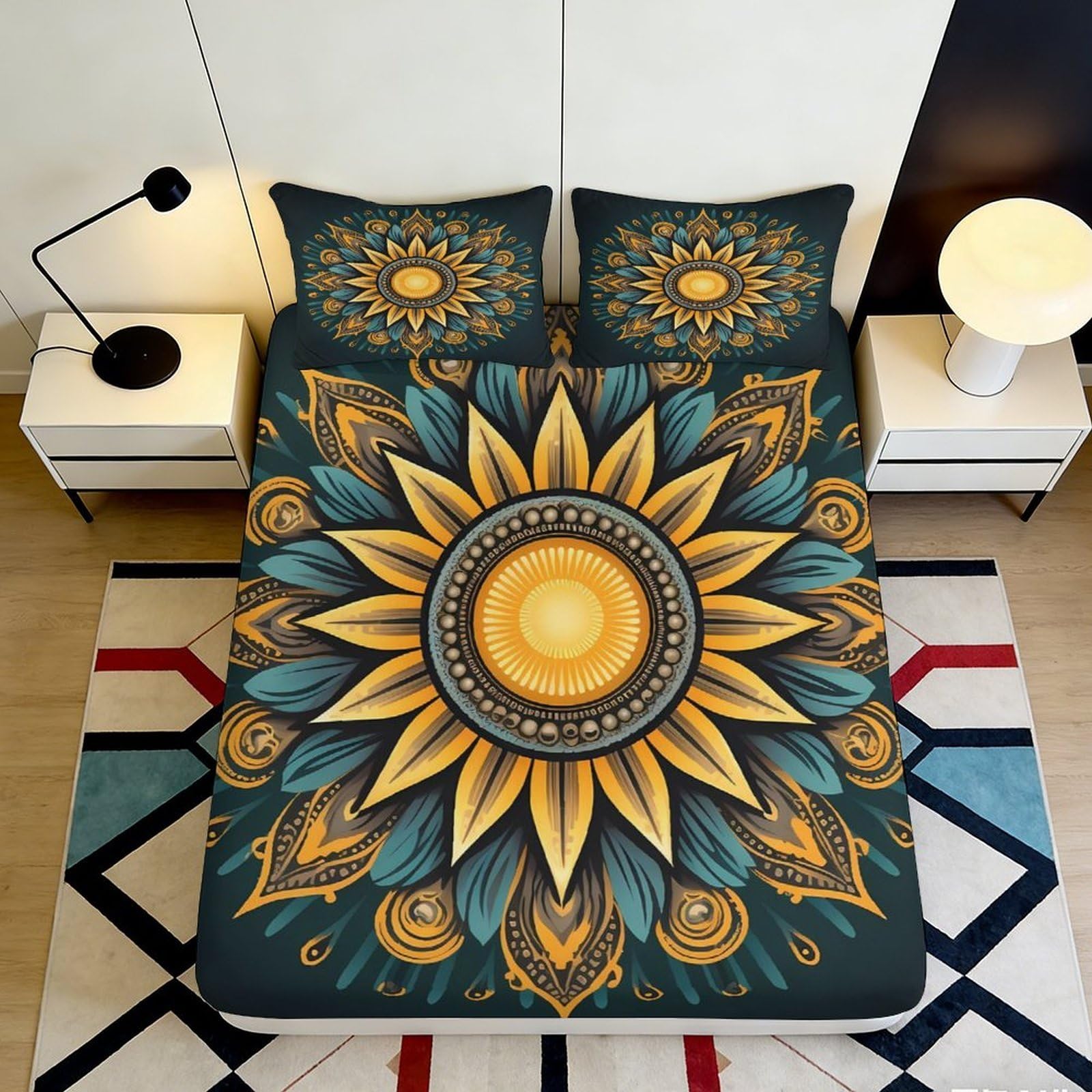 3D Printed Sunflower Mandala Fitted Sheet Microfiber Soft Non-Slip Bed Sheet for Bedroom Guestroom Mattress Cover 90x200x25cm