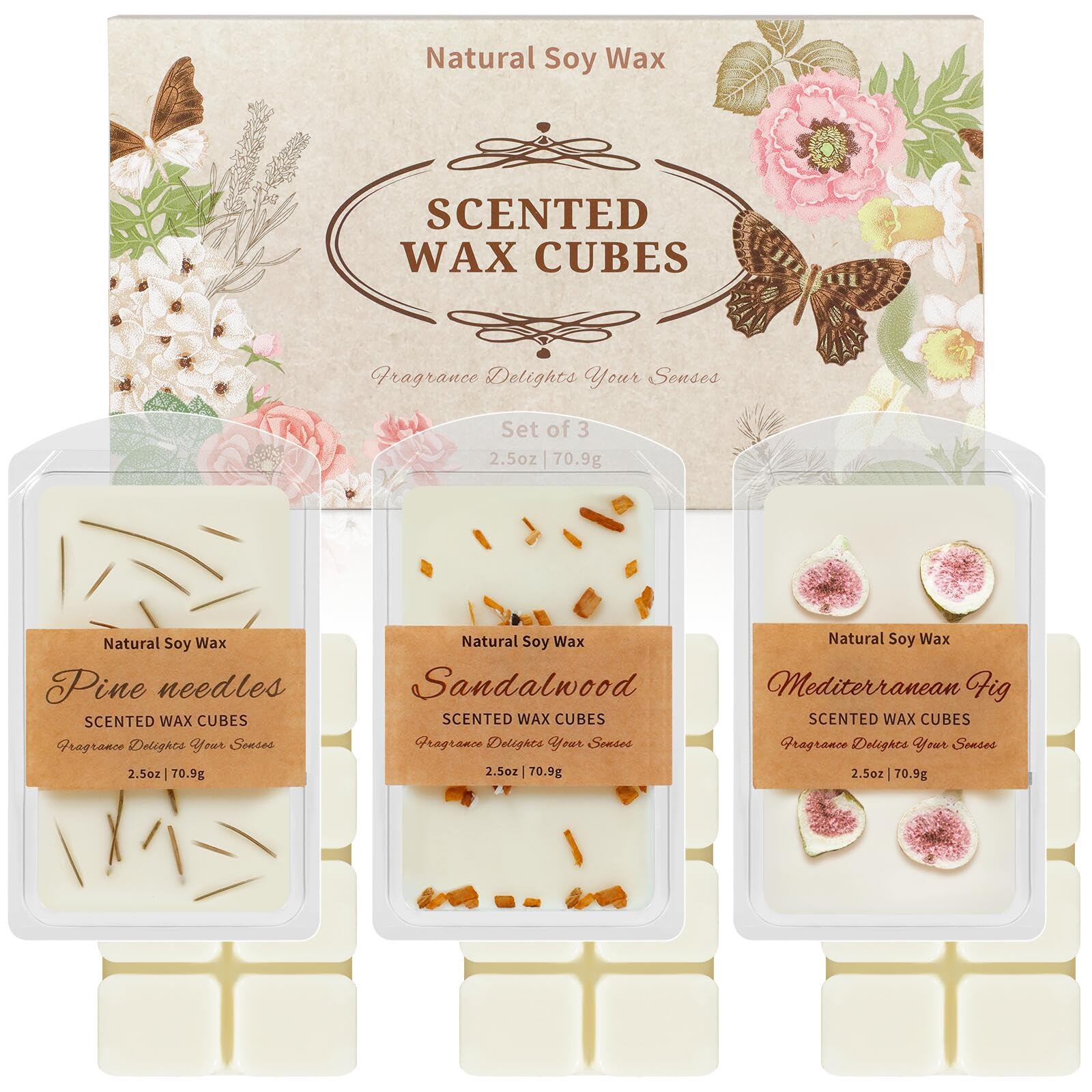 SCENTORINI Wax Melts, Premium Wax with Essential Oil, Scented Wax Melts, Natural Dried Flower, Pine Needles, Sandalwood, Mediterranean Fig, 2.5 oz X 3 Pack