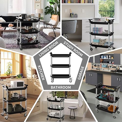 Miniatura 6 de Carrito utilitario rodante de 3 niveles con ruedas, carrito de herramientas de garaje portátil para almacén, oficina, hogar, carrito de servicio de