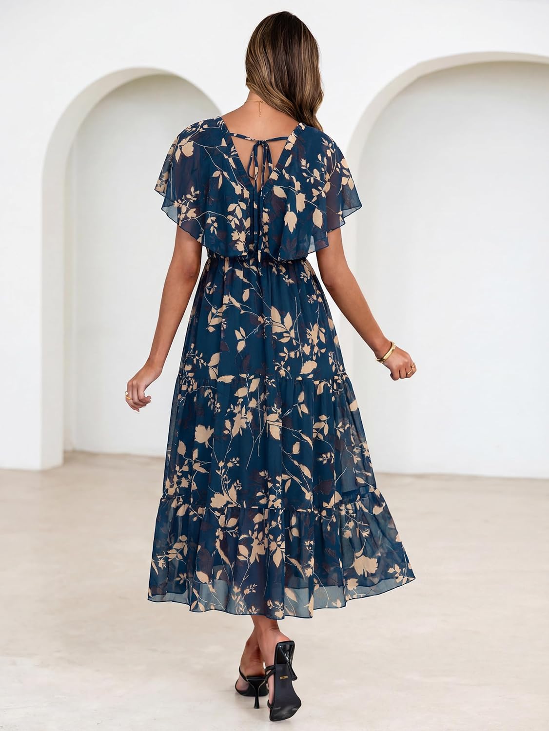 Simplee Womens Floral Boho Maxi Dress Summer Beach Wedding Guest V Neck Ruffle Sleeve Long Flowy Dresses - Image 4