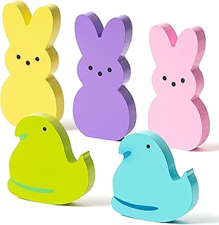 WATINC 5PCS Easter Peeps Chick Table Decor Tiered Tray Sign, Bunny Wooden Signs Tabletop Decoration, Double-sided Rabbit Chicken Wood Centerpiece Desk Topper Easter Spring Holiday Party Gift Supplies