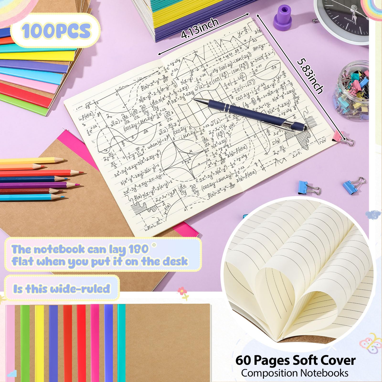 Handepo Paquete de 100 cuadernos de composición con rayas de papel kraft a rayas, diario de viaje para estudiantes, suministros de oficina (A6, colorido)