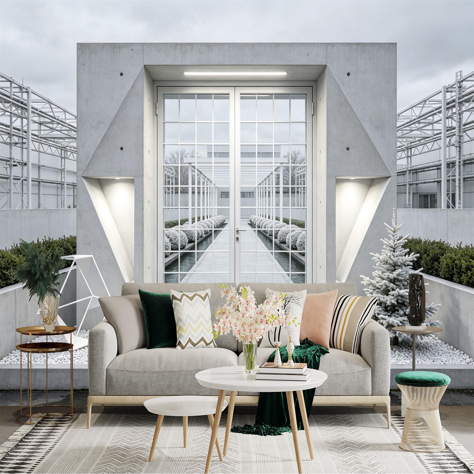 Custom Size Wall Sticker Mural， Modern Concrete Architecture with Glass Doors and Minimalist Courtyard， for wall Decoration， peelandstick wall Decals.