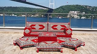 Red Arabic Floor Sofa, Traditional Floor Couch Set, Sectional Sofas, Arabic Floor Sofa Set, Yoga Meditation Mat, Futon Sofa Bed, Futon Sofas (Sofa + Ottoman + Pillows, 8'' Thickness (20 cm))