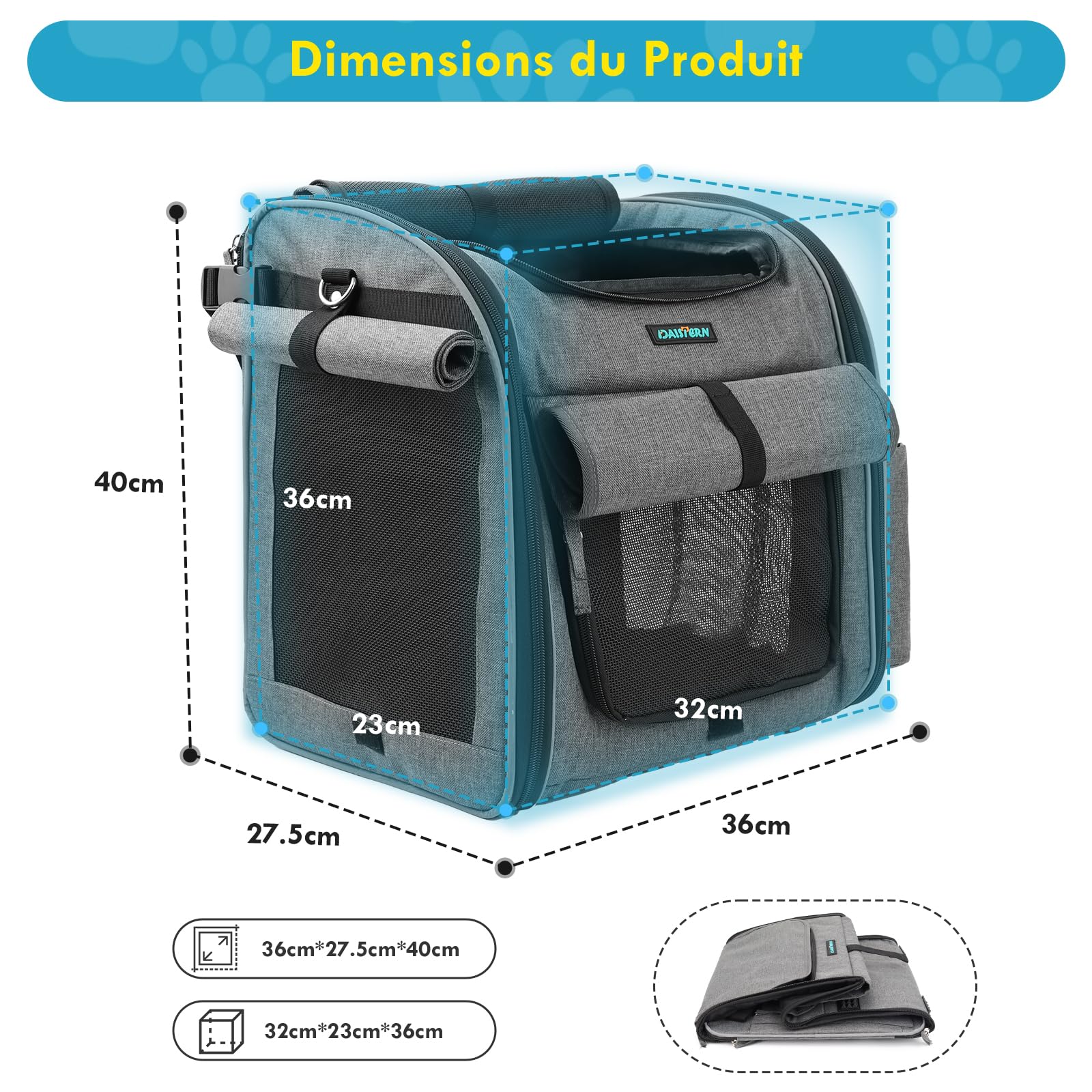 Panier Vélo Avant pour Chiens Chats jusqu'à 10KG avec L Support Φ8cm, Pliable 4 en 1 Sac à Dos, Sac Bandoulière, Siège Auto avec Coussin Confort, Fenêtres Filet, Bandes Réfléchissantes