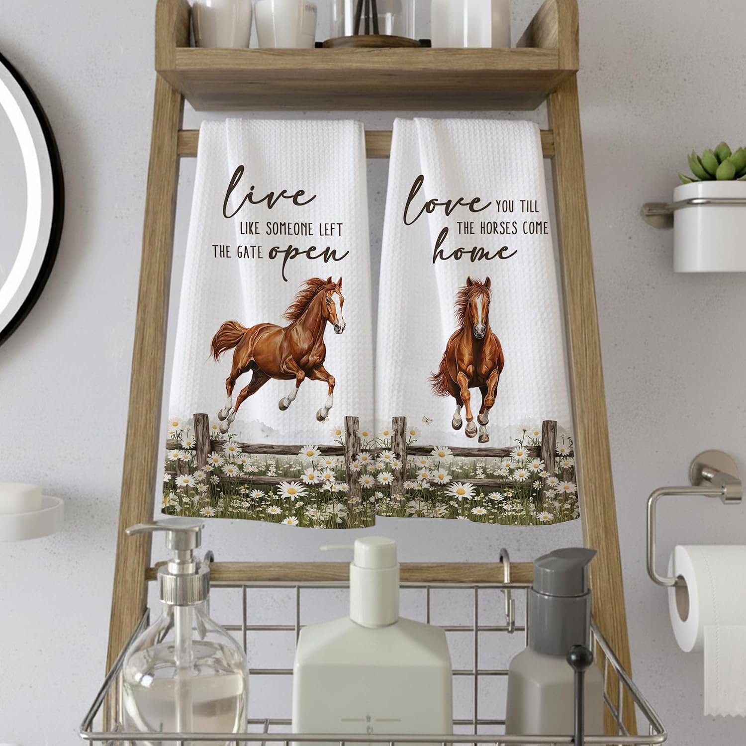 Farmhouse Funny Horse Kitchen Towels Set of 2,Live Like Someone Left The Gate Open Decorative Dish Towels Gift for Bathroom Farmer,Rustic Cottage Floral Hand Tea Towel for Home Farm 16x24in
