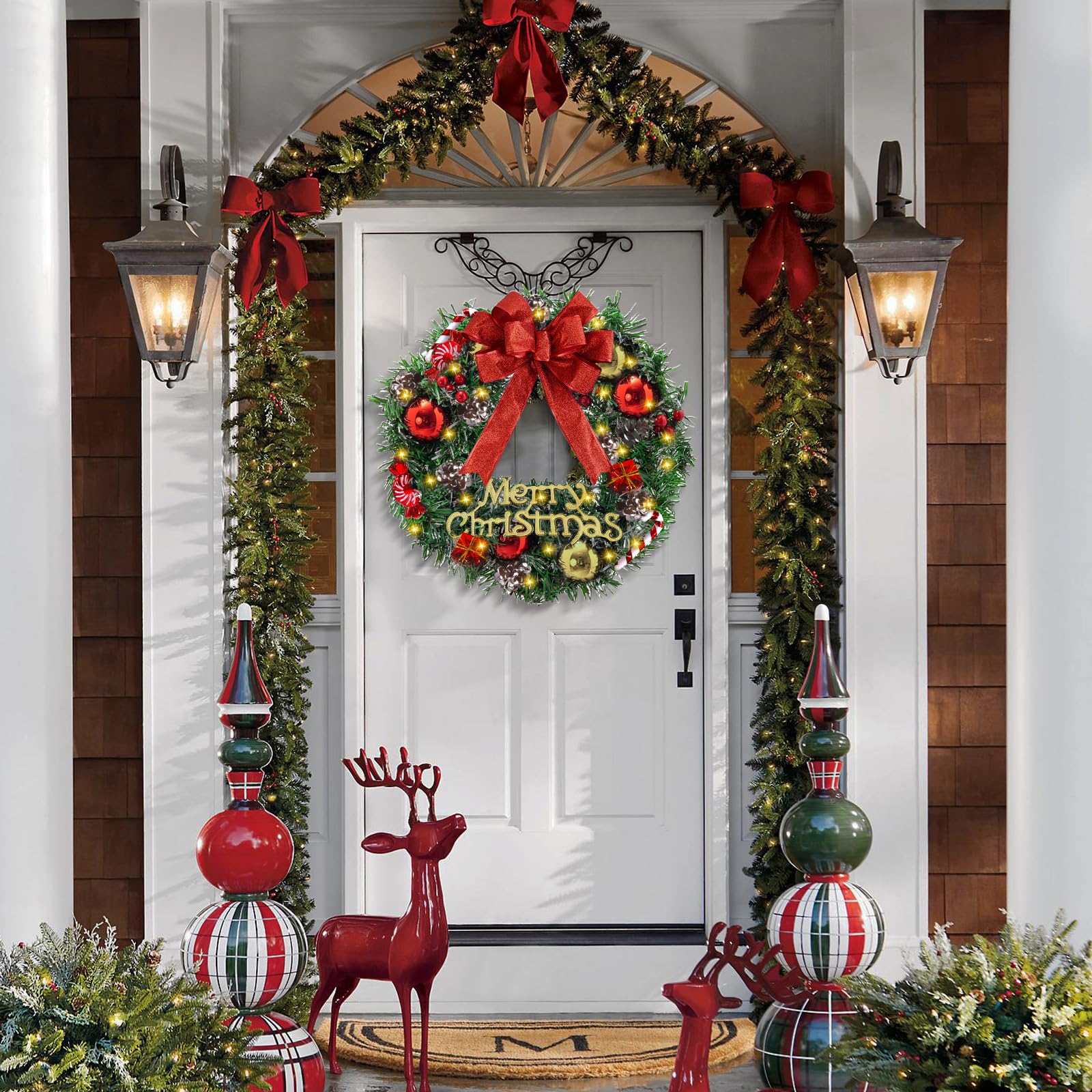 Couronne De Noël Lumineuse Avec Guirlande LED – Décorée Pommes De Pin, Arcs – Pour Porte, Table, Mur
