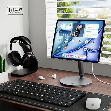 LULULOOK Magnetic Wireless Charging Stand for iPad Pro 11 M4 & M5, 360 Rotating Base with Anti-Slip Pad, Aluminium Alloy Foldable iPad Pro Stand Tablet Holder for Desk, USB C Cable Included
