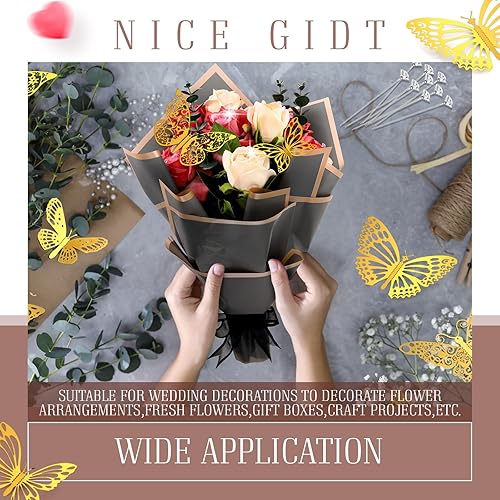 Miniatura 7 de Seajan 60 hojas de papel de regalo de flores impermeables con 3 cintas, 100 pines de diamante, 36 mariposas doradas 3D para bodas, fiestas, día de
