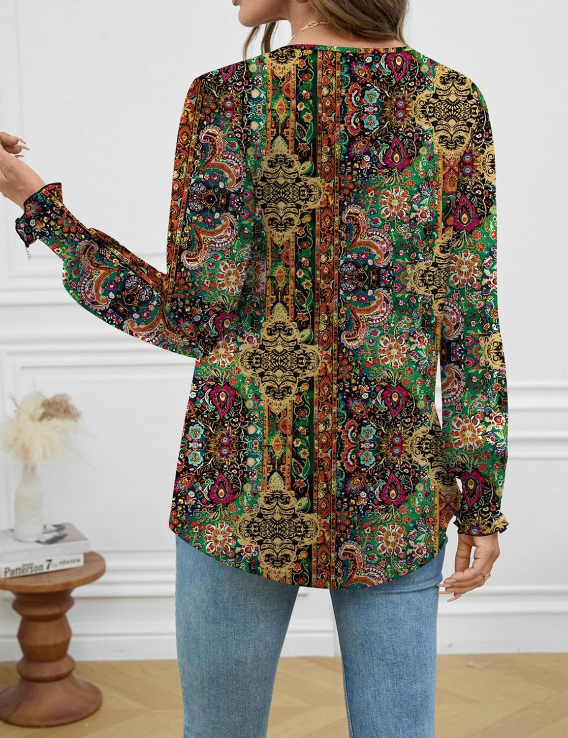 AKEWEI Plus Size Clothes for Women Long Sleeve Tops V Neck Shirts Office Cute Fall Clothes for Women 2025 Trendy Shirts Boho Print S - Image 4