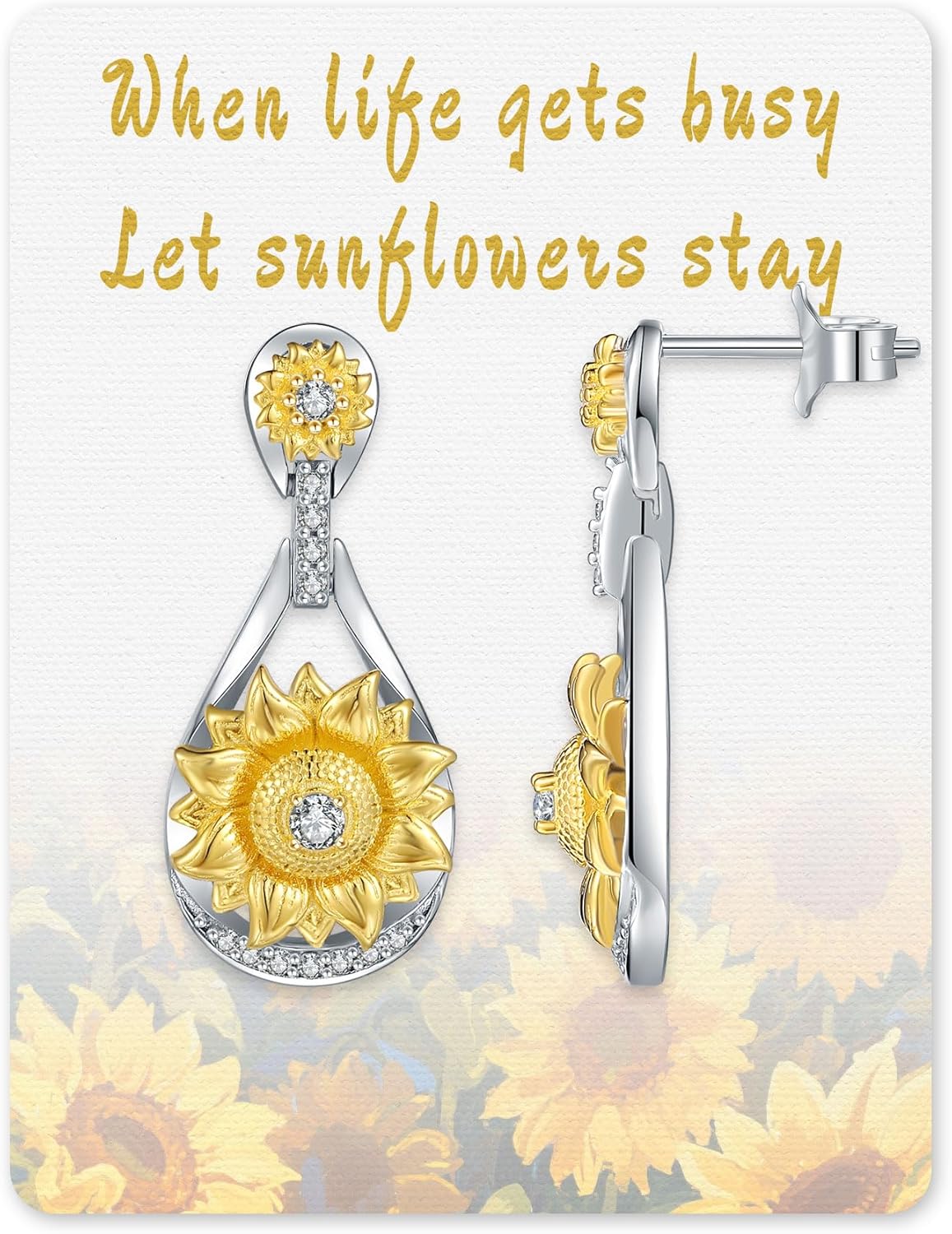 925 Sterling Silver Sunflower Earrings for Women, Lucky Horseshoe & Teardrop Dangle Earrings, 18K Gold Plated Two-Tone Hypoallergenic Jewelry with Cubic Zirconia, Good Luck Gifts for Mom Wife Girlfriend Anniversary Birthday Christmas