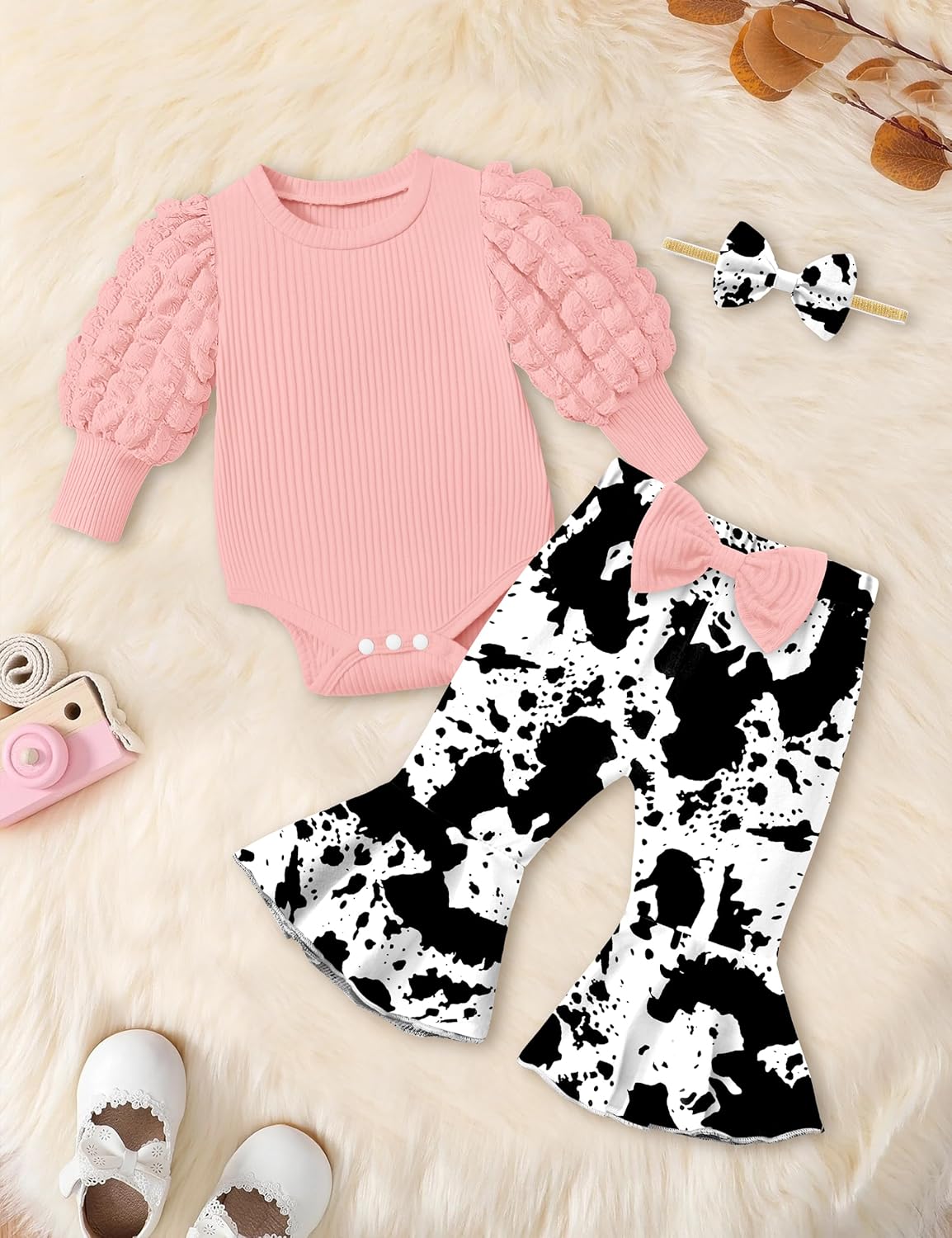 NAPU Baby Girl Clothes Long Sleeve Romper 3Pcs Baby Girl Outfits Flare Pants Set with Headband Fall Baby Girl Winter Clothes - Image 7