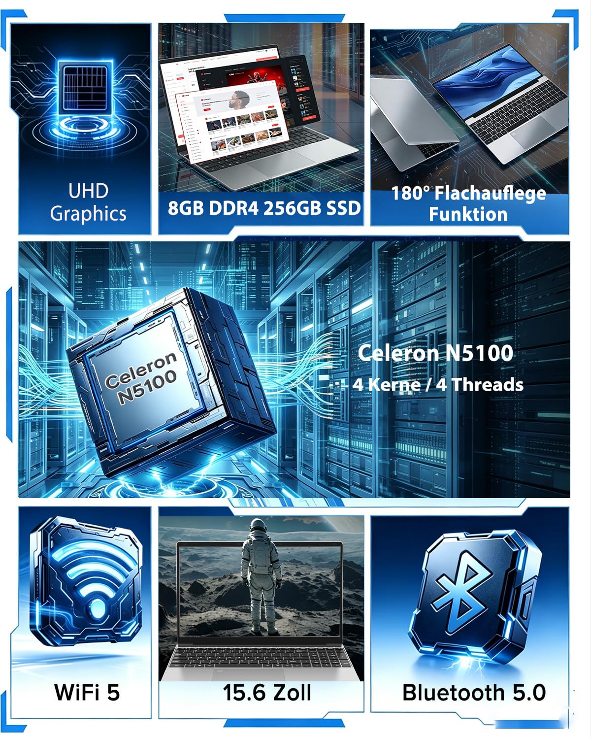 Molegar 2026 Laptop 15.6 Zoll,8GB RAM 256GB SSD,N5100 Prozessor,FHD Display,Notebook mit Beleuchtete Tastatur und Fingerabdrucksensor für Studierende und Unternehmen