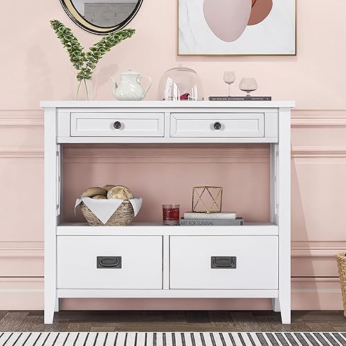 Voohek Mesa de sofá blanca de 36 pulgadas con 4 cajones de almacenamiento y 1 estante para sala de estar pasillos vestíbulo pasillo de entrada