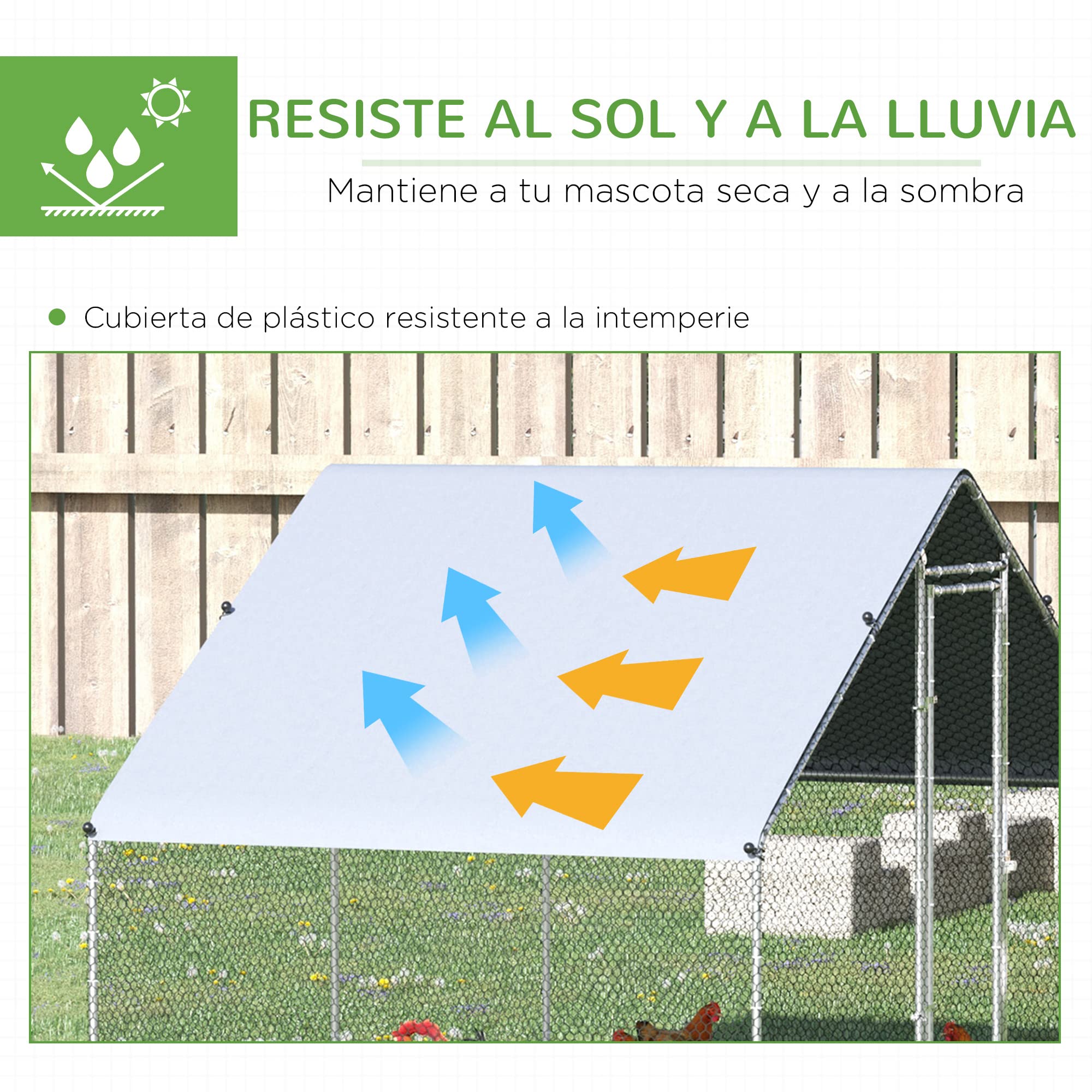 PawHut Gallinero Exterior Grande 3x2x2 m Jaula 4-6 Gallinas Acero Galvanizado Cubierta PE Cerradura Plata