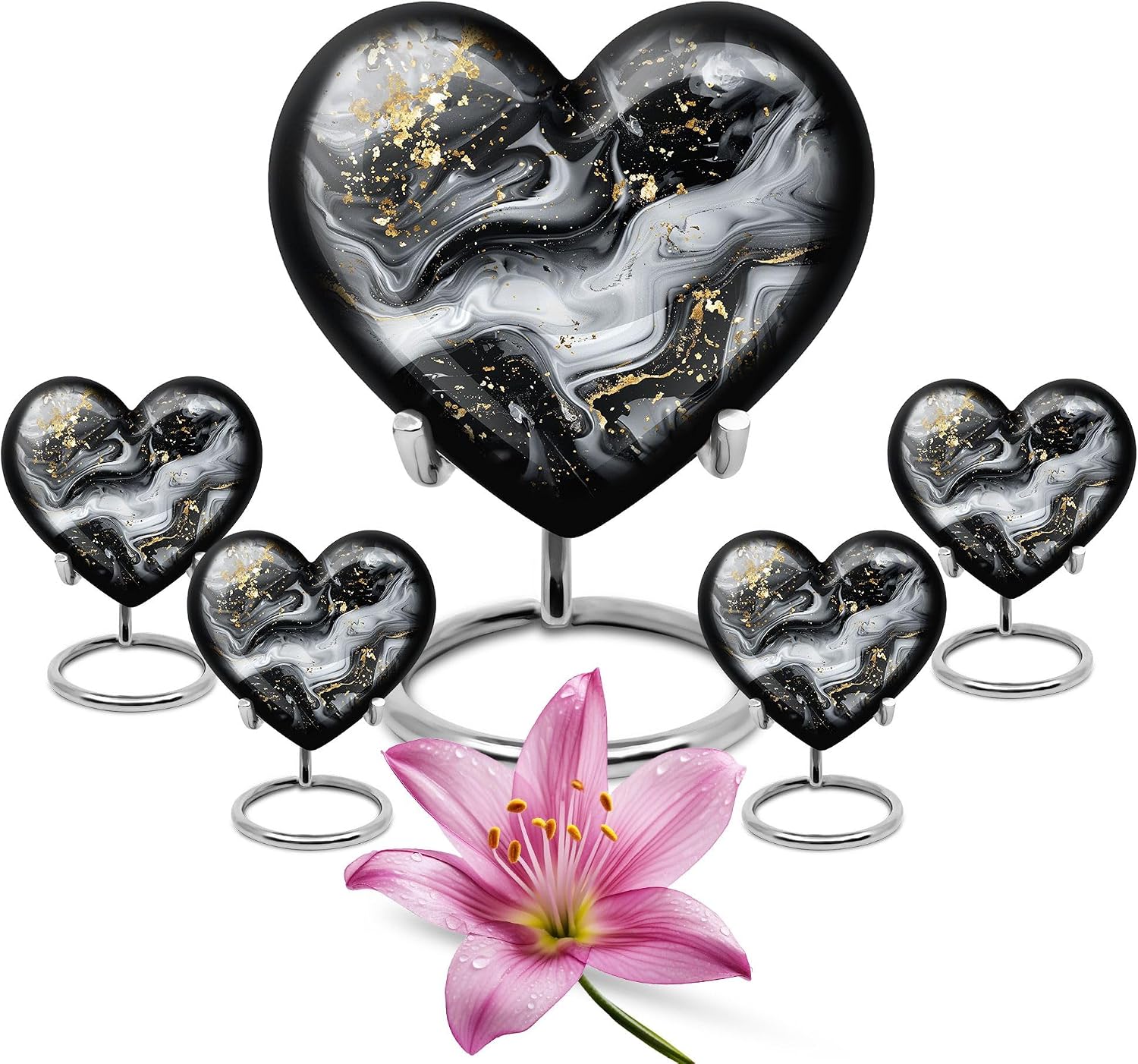 Swirl Urn, Heart Urns for Ashes, Pack of 5 (10 Inch Urn with 3 Inch Urn Set of 4), Pet Urns for Ashes - Cremation Keepsakes for Ashes - Decorative Urns - Large Urns for Human Ashes - Mini Urns