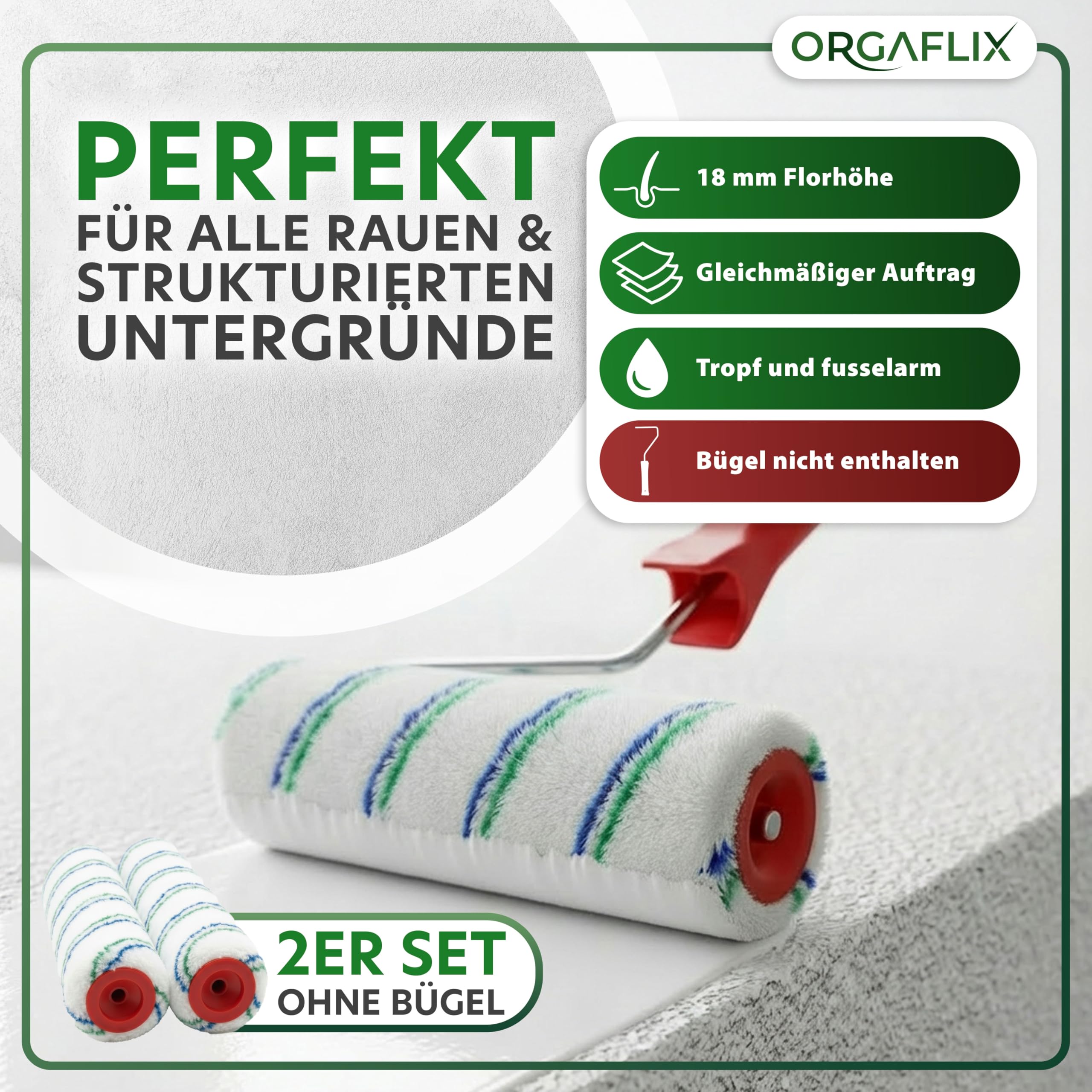 ORGAFLIX Profi Farbwalze 25cm - 2 Stück - Ideale Farbaufnahme und Abgabe - Florhöhe ca. 18mm, Kern 48mm, Farbroller Wandfarbe, Malerrolle groß, Farbrolle, Malerwalze, Maler-Zubehör, Maler-Set
